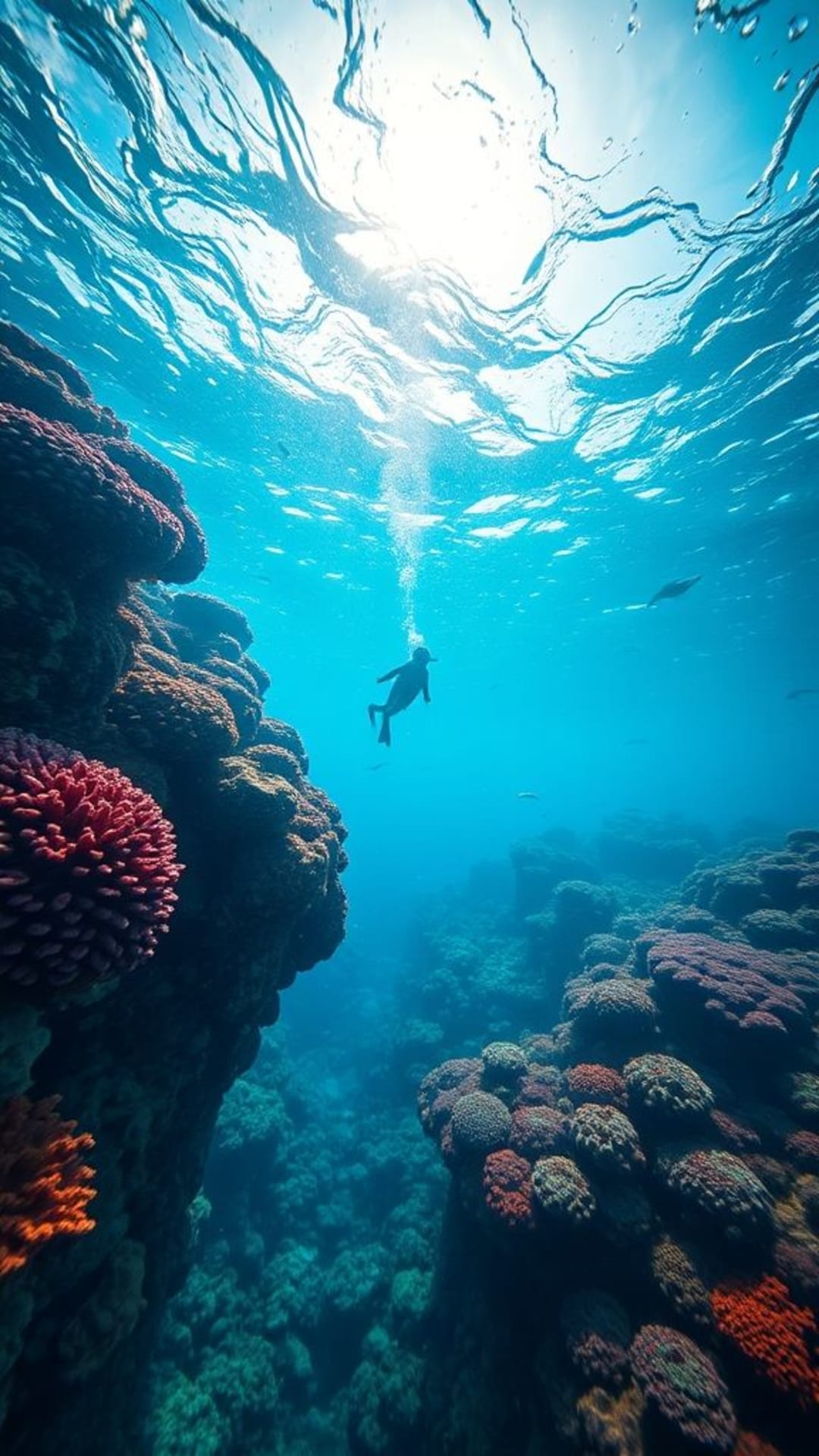 Profondo oceano, mare, sott'acqua, vivaci barriere coralline, vita marina, scena acquatica ipnotizzante