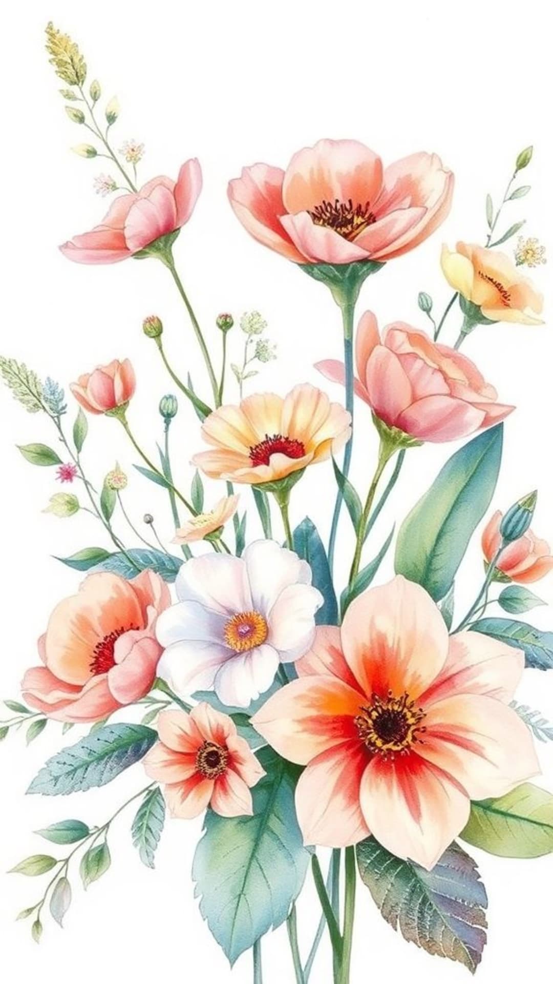Dipinti botanici floreali acquerellati composizioni di fiori vivaci design elegante e delicato