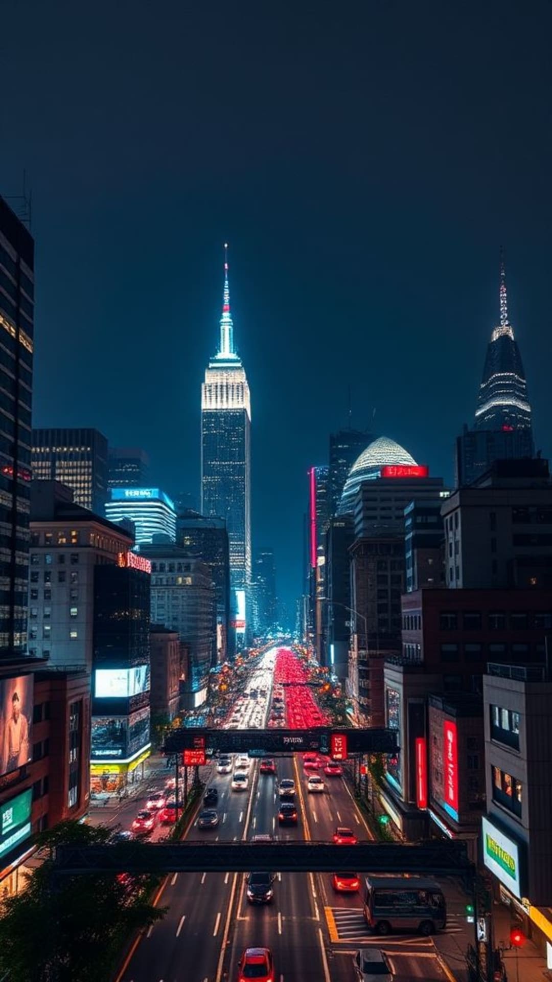 Fotografia dello skyline urbano con luci della città di notte, strade trafficate, grattacieli illuminati, paesaggio cittadino dinamico