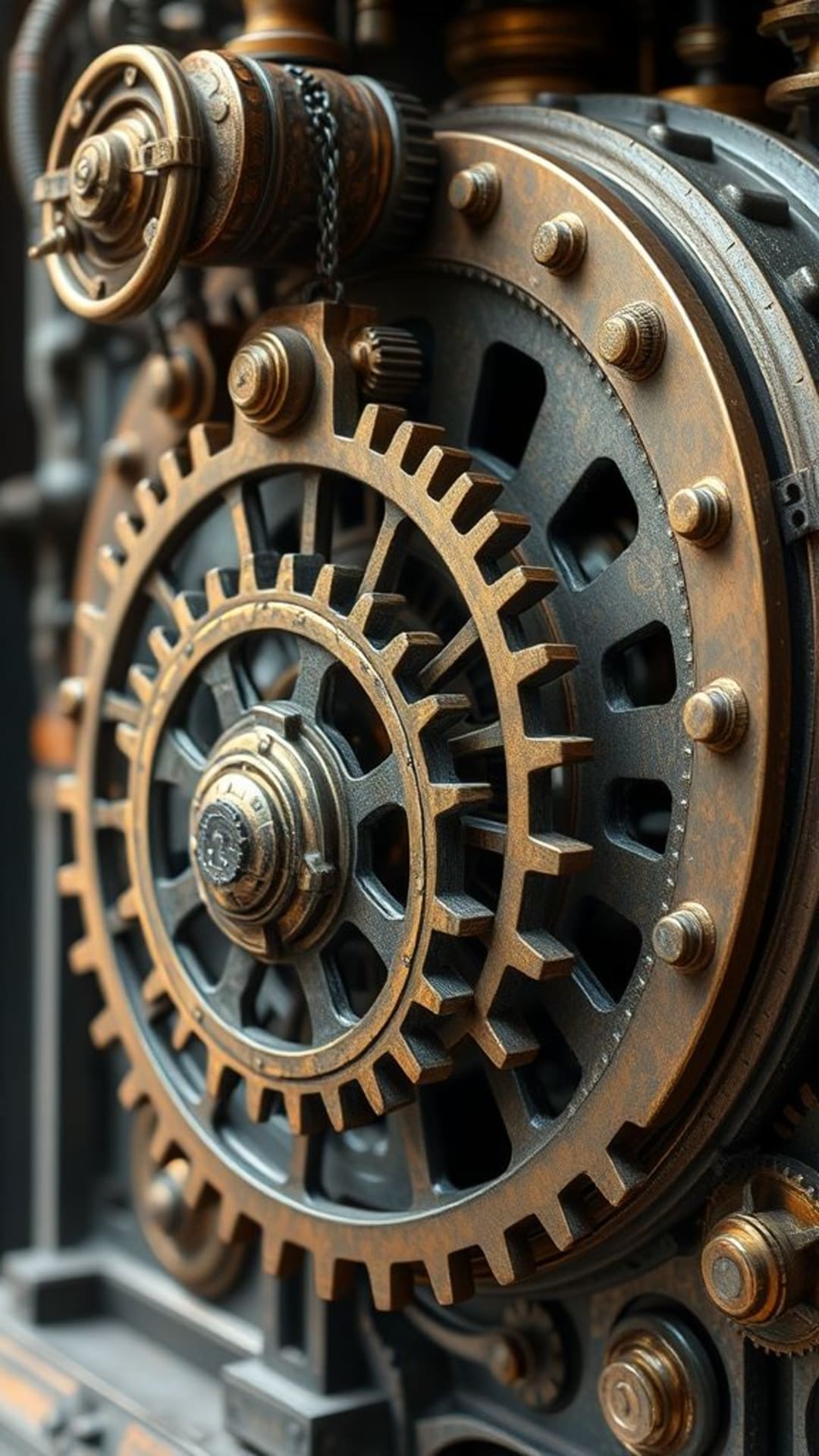 meccanismo vintage steampunk ingranaggi complessi ruota dentata estetica industriale vittoriana futuristica