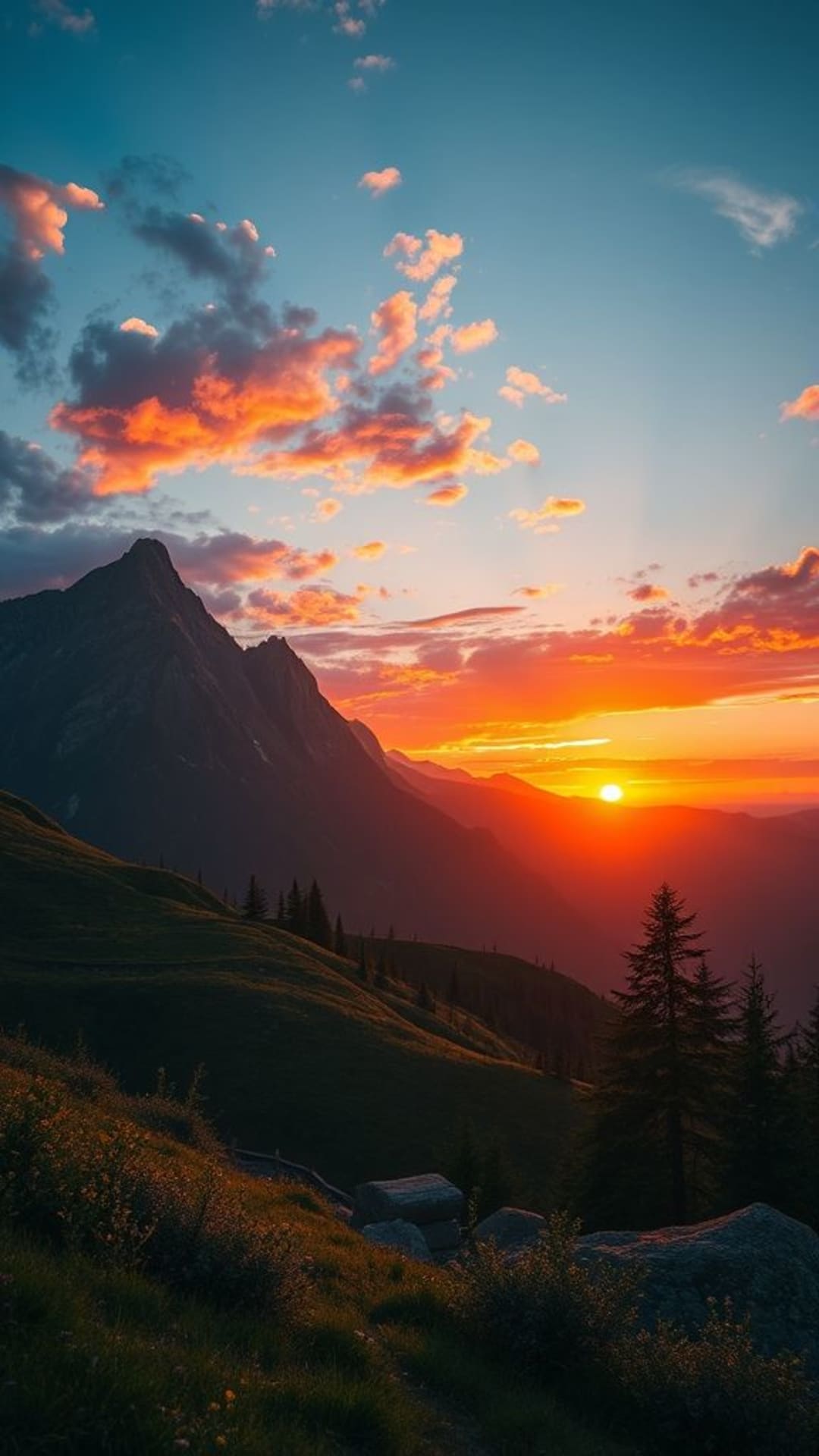 Paesaggio montano al tramonto con colori vivaci e atmosfera serena