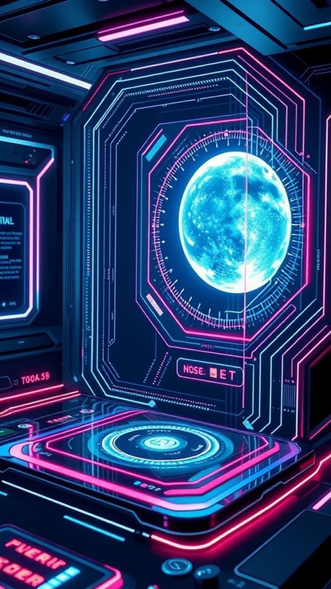 Gadget tecnologici futuristici di fantascienza, ologrammi, interfacce digitali, design di interfacce eleganti e minimalisti