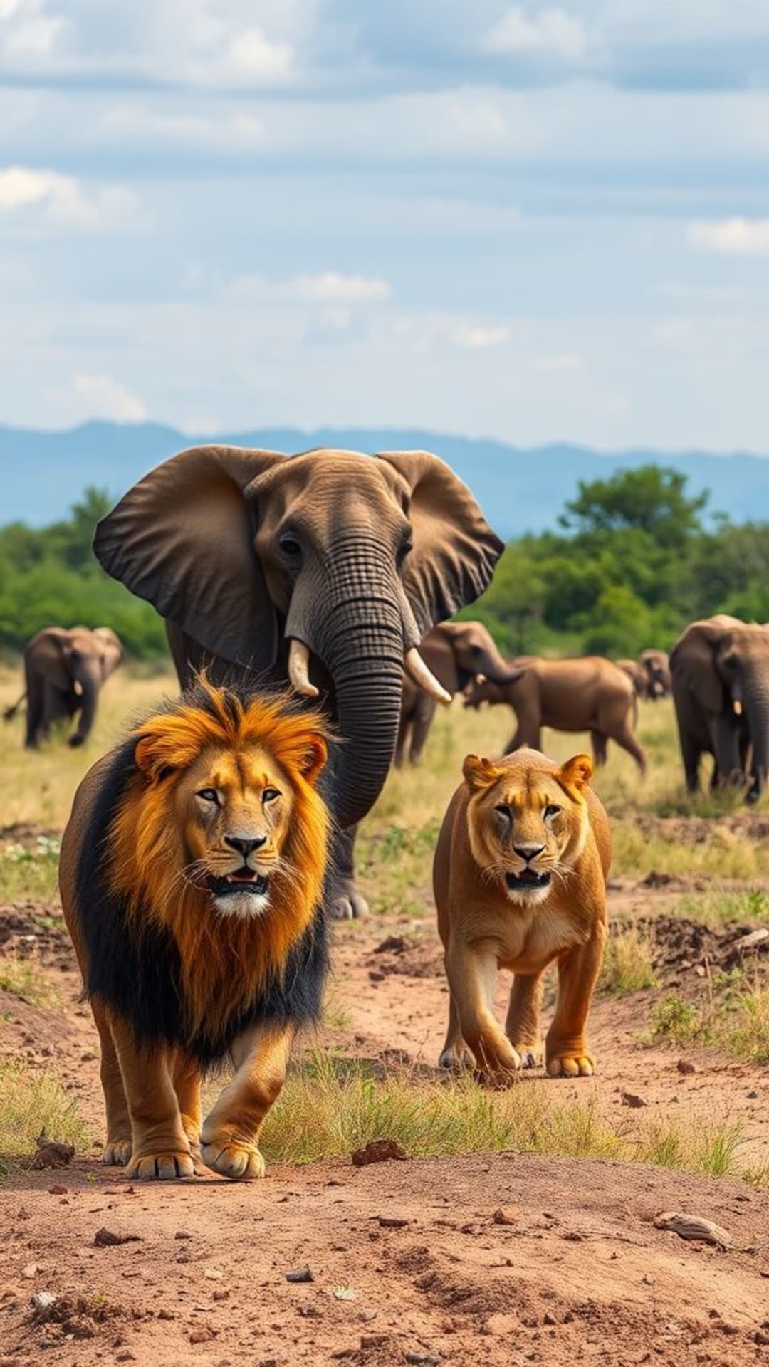 Fotografia di fauna selvatica maestosi leoni elefanti