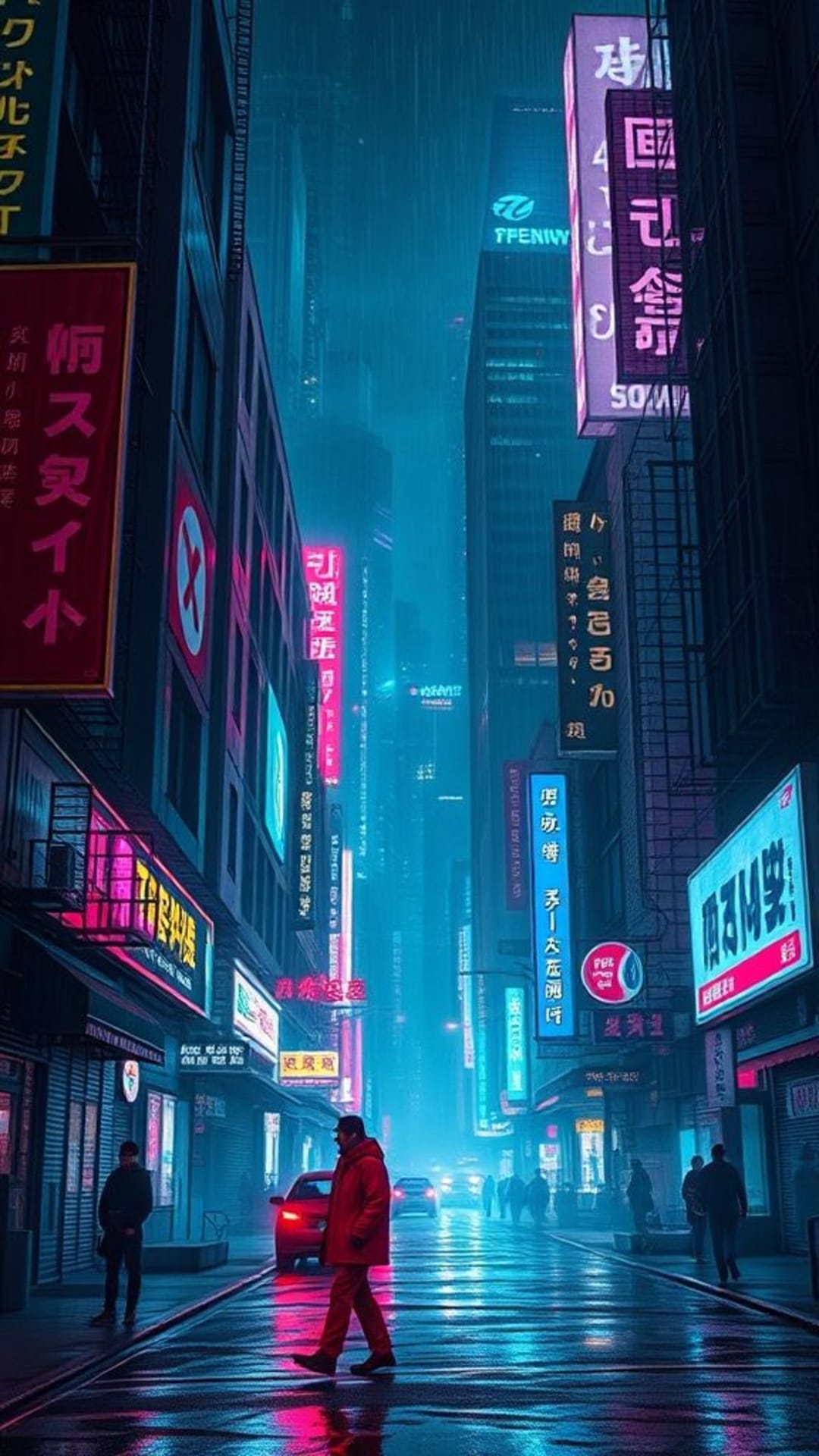 città cyberpunk neon dystopia noir tecnologica
