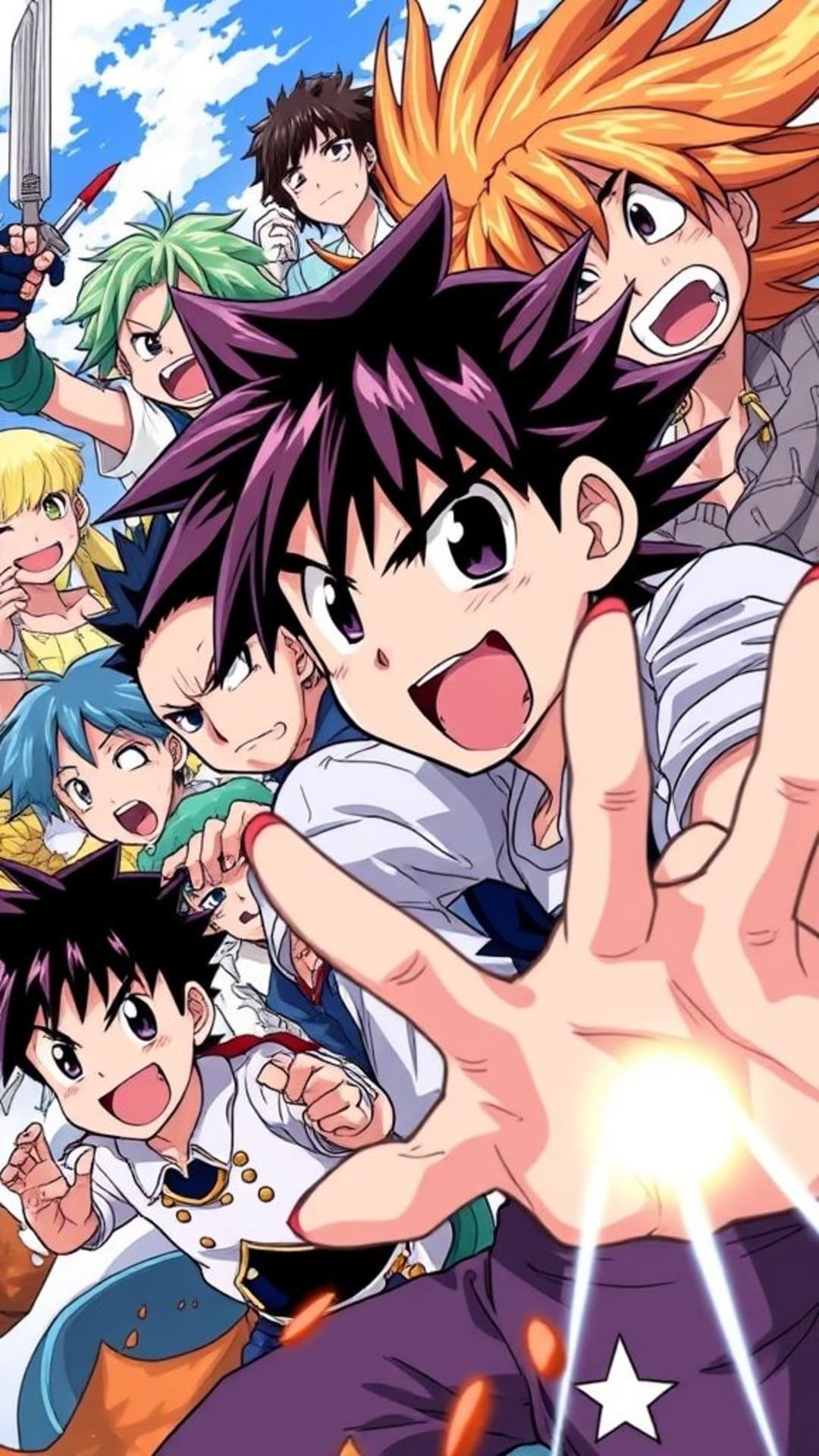 Personaggi dinamici in stile anime manga, volti espressivi, scene d'azione colorate, atmosfera energica