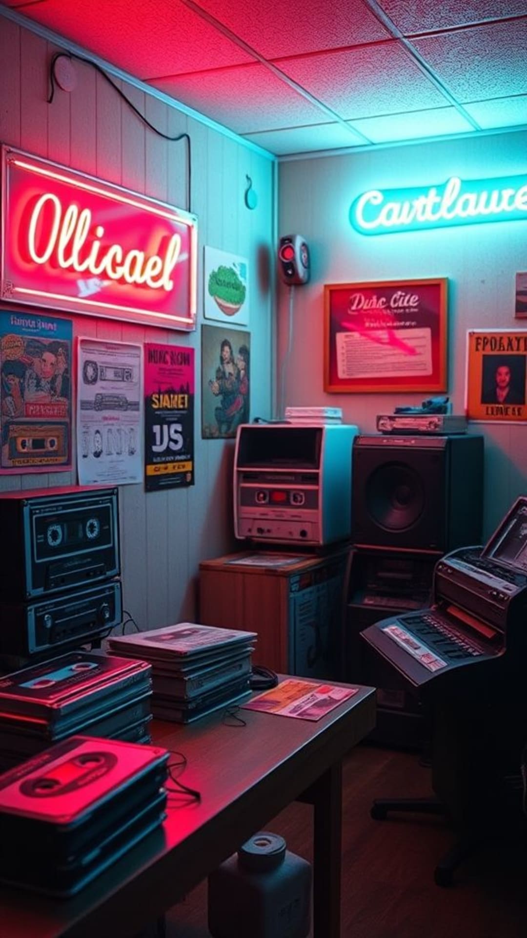 stile vintage estetica retrò anni 80 90 motivi old-school colori nostalgici cassette vecchie registrazioni dischi in vinile luci al neon atmosfere nostalgiche