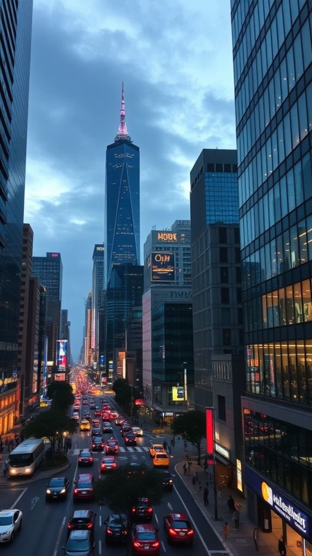 paesaggi urbani grattacieli notte luci cittadine strade trafficate architettura moderna luci della città bagliore vita notturna prospettiva cinematografica atmosfera metropolitana vivace energico