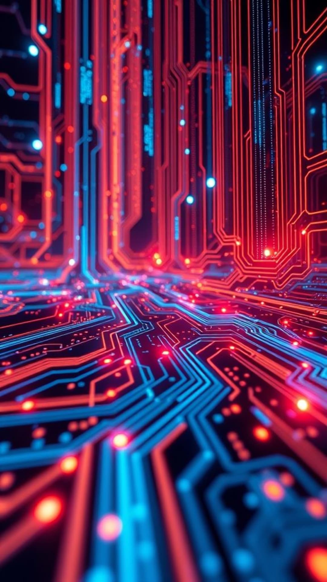 simboli tecnologici schede circuiti flussi di dati reti digitali codice binario visioni futuristiche high-tech