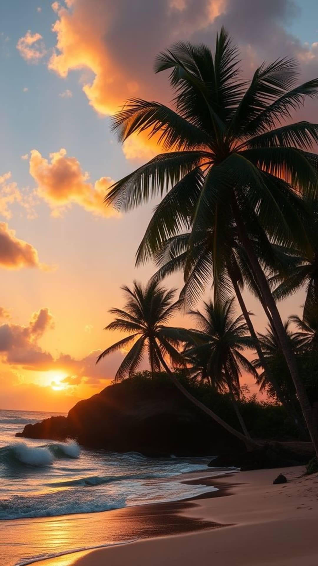 tramonto sulla spiaggia tropicale palme oceano onde sereno paesaggio incantevole