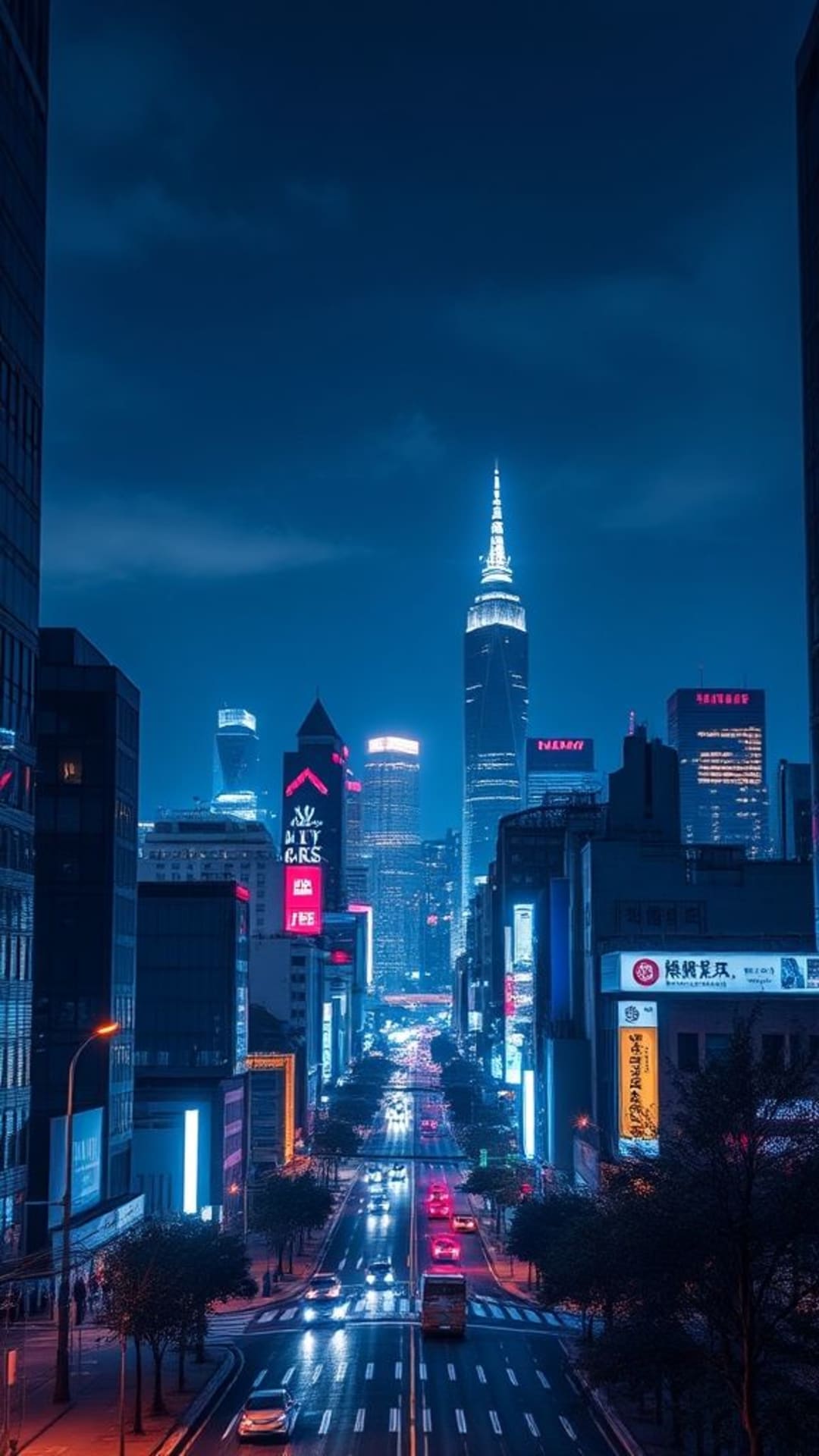 paesaggio urbano skyline di notte luci brillanti strada metropolitana atmosfera moderna
