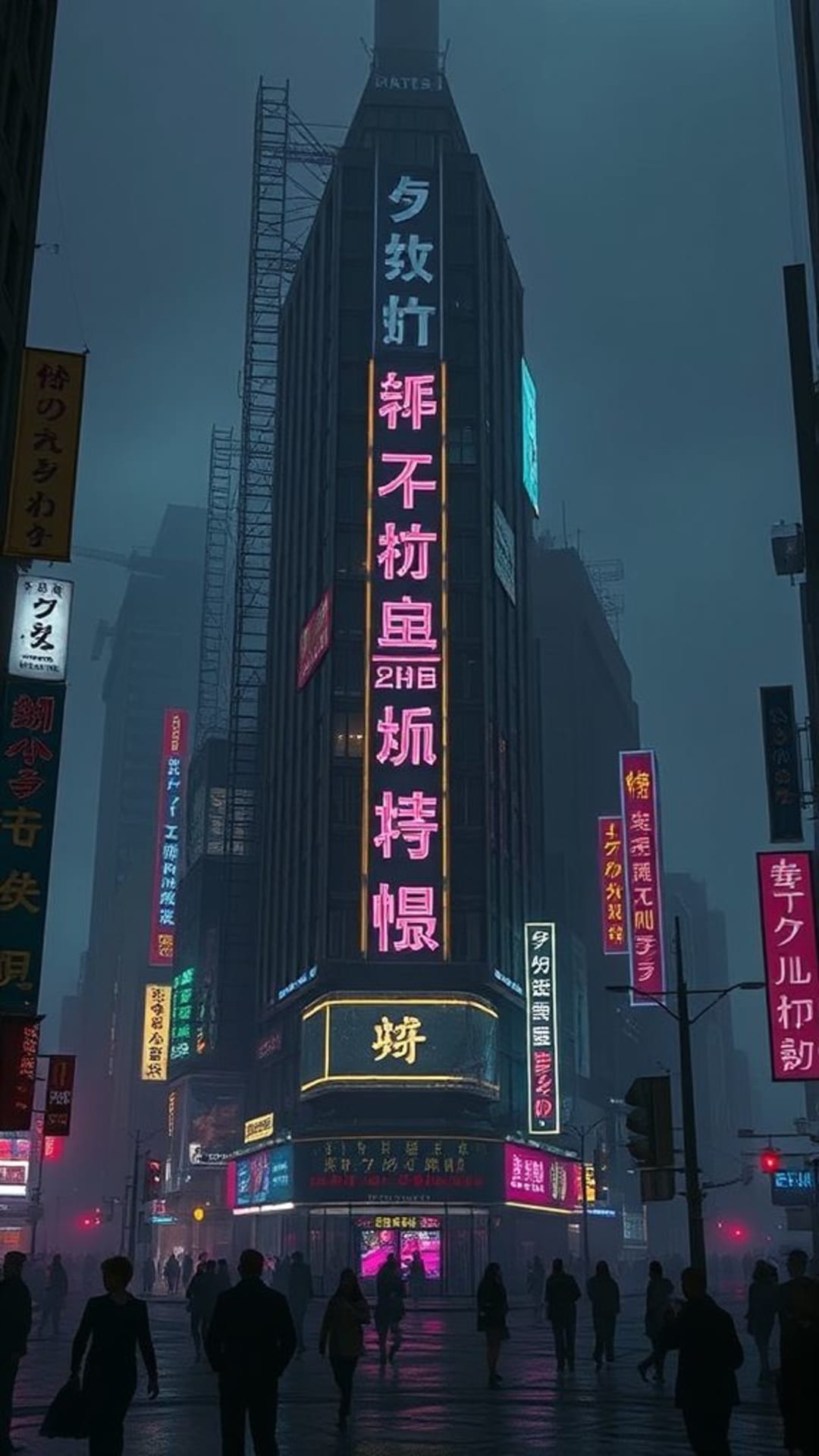 città cyberpunk insegne al neon oscuro intenso futuristico distopico