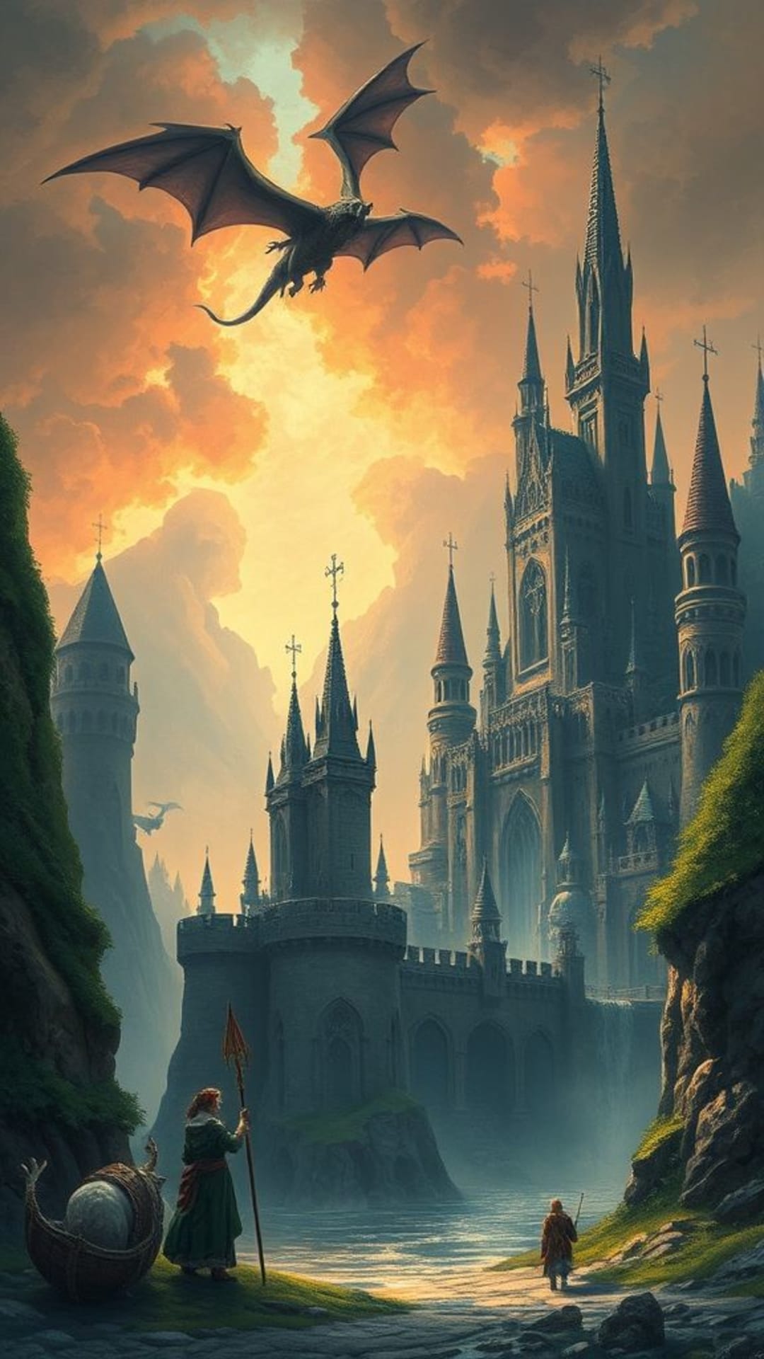 arte fantasy draghi castelli creature mitiche scena epica
