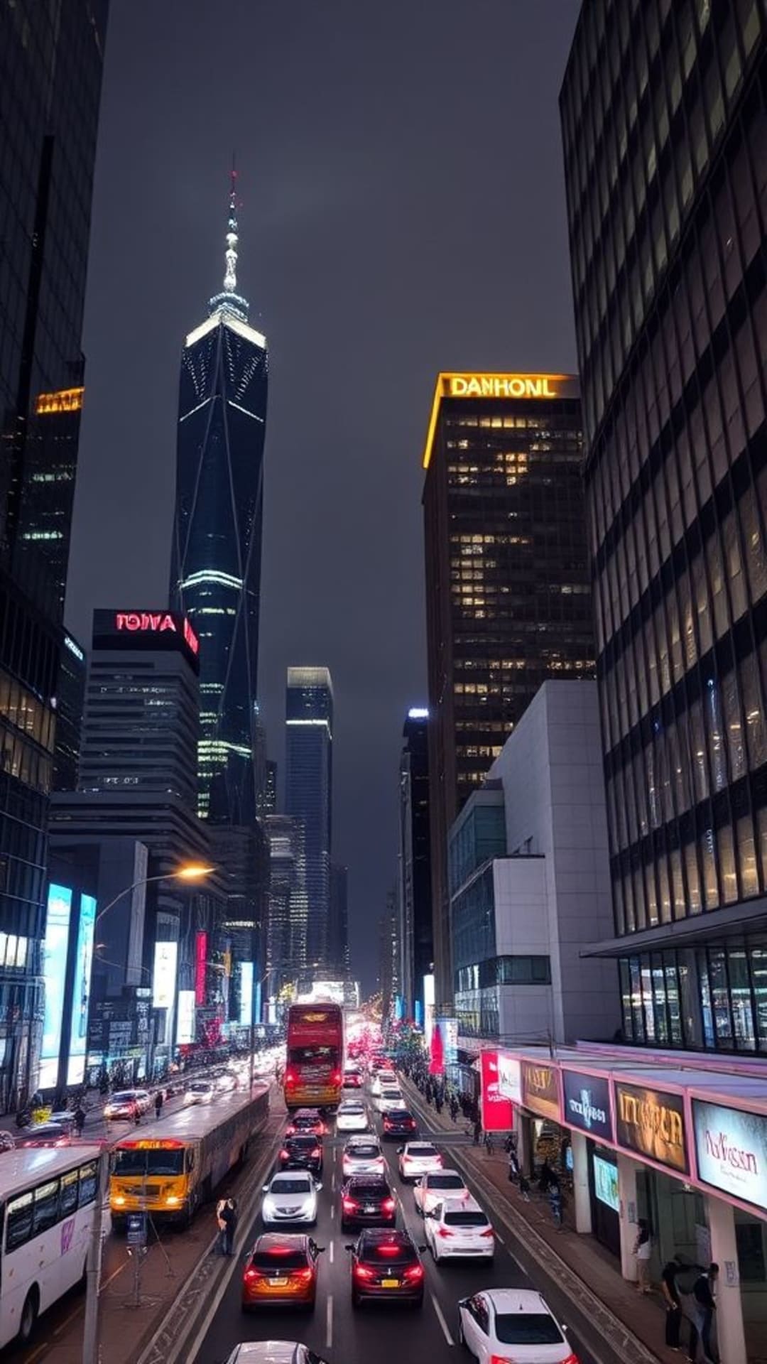 Luminosità notturna delle città urbane grattacieli design architettonico moderno strada trafficata