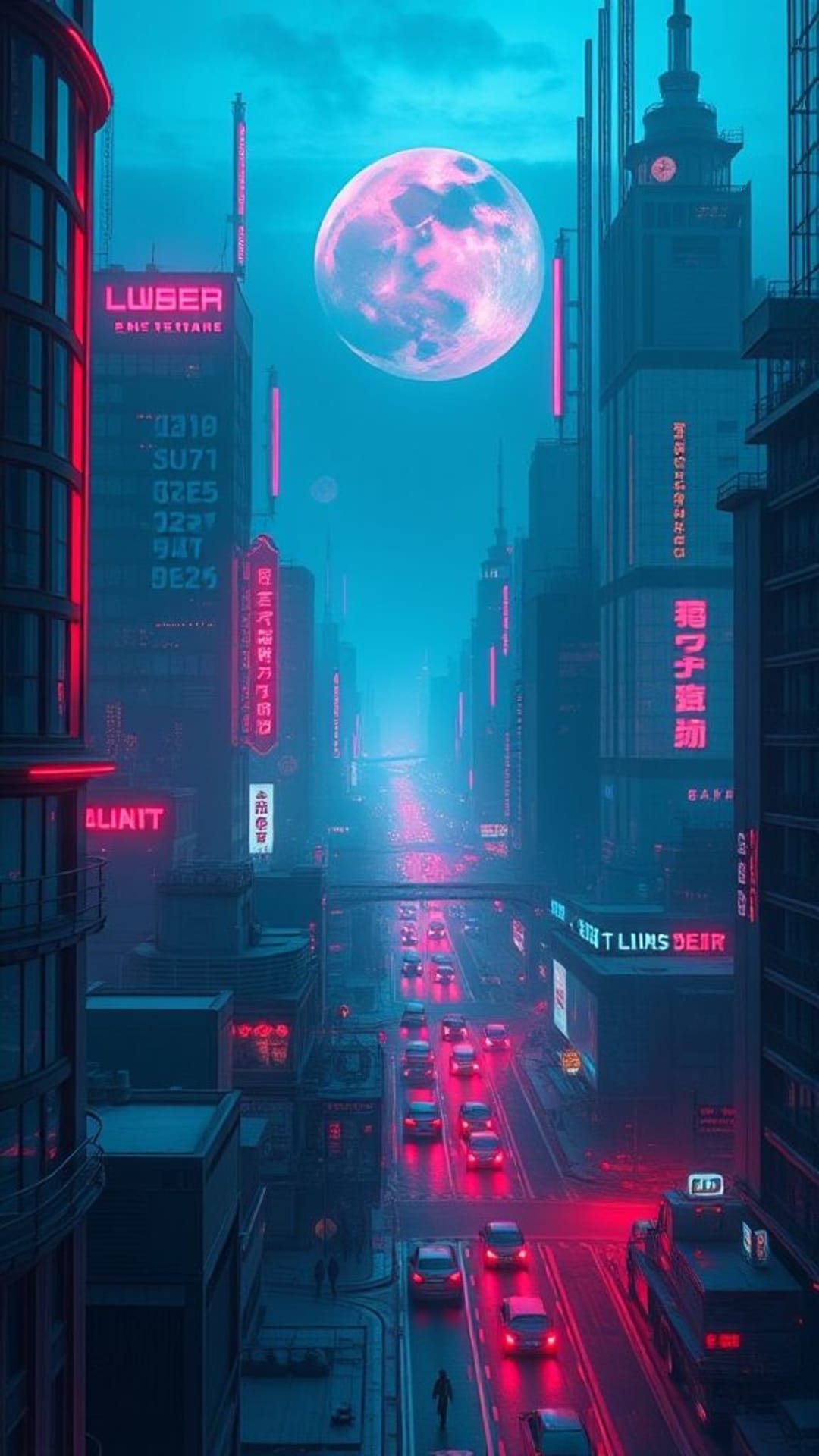 futurismo fantascientifico cyberpunk distopico paesaggi tecnologici città al neon rossi e blu dominanti