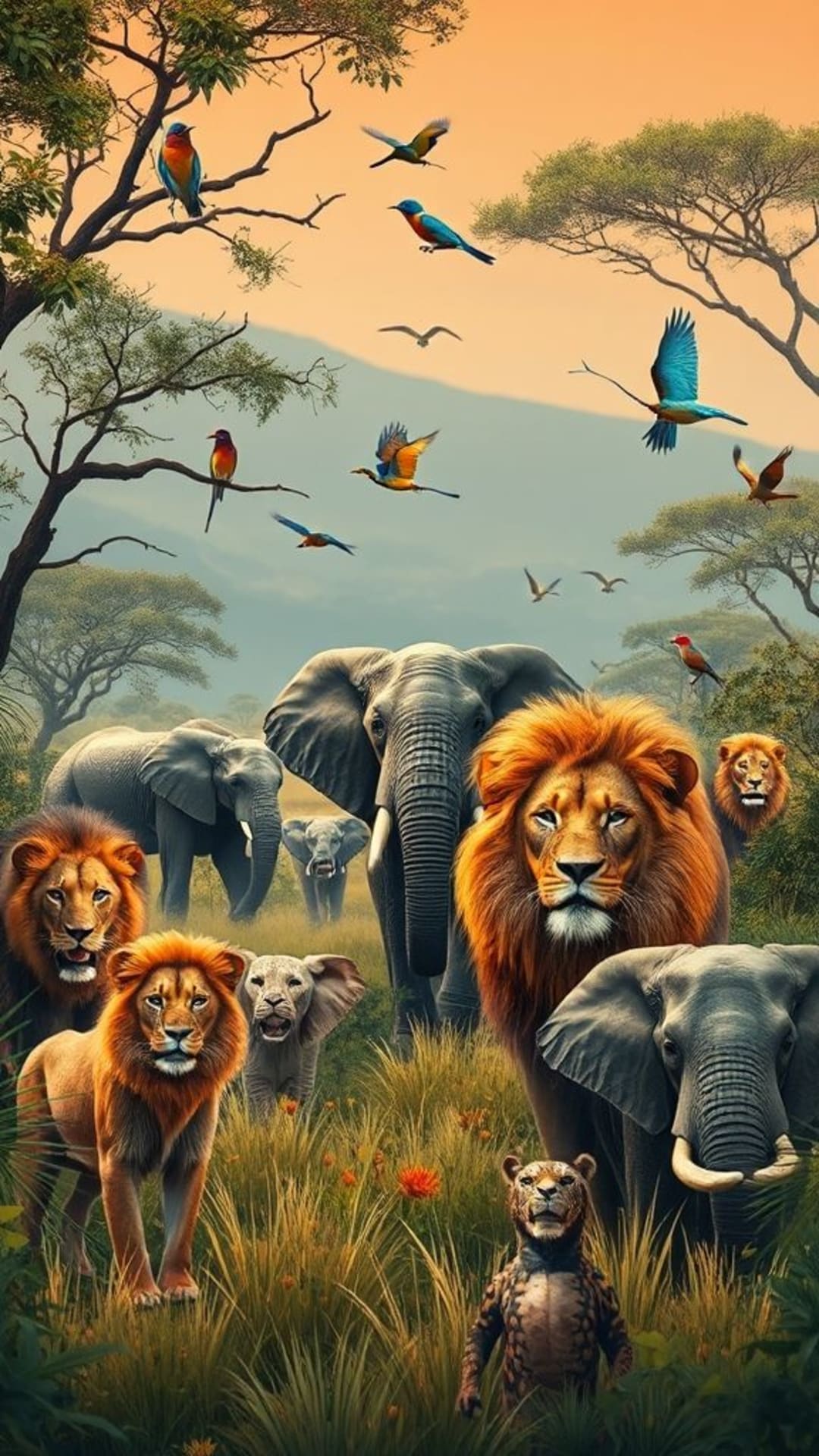 Wildlife animals majestic lions elephants birds jungle safari vibrant vivid
