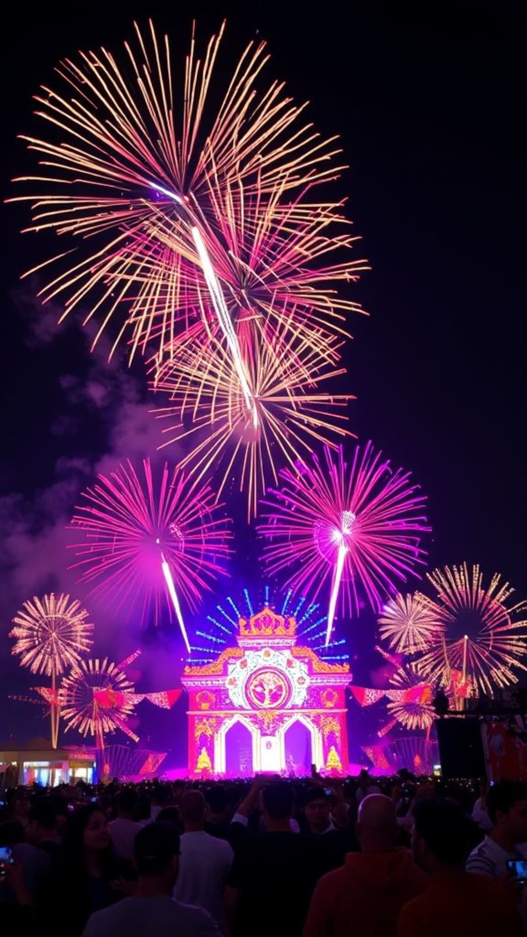 Festival et célébration, lumières, feux d'artifice, vibrants, énergétiques, joyeux, festifs