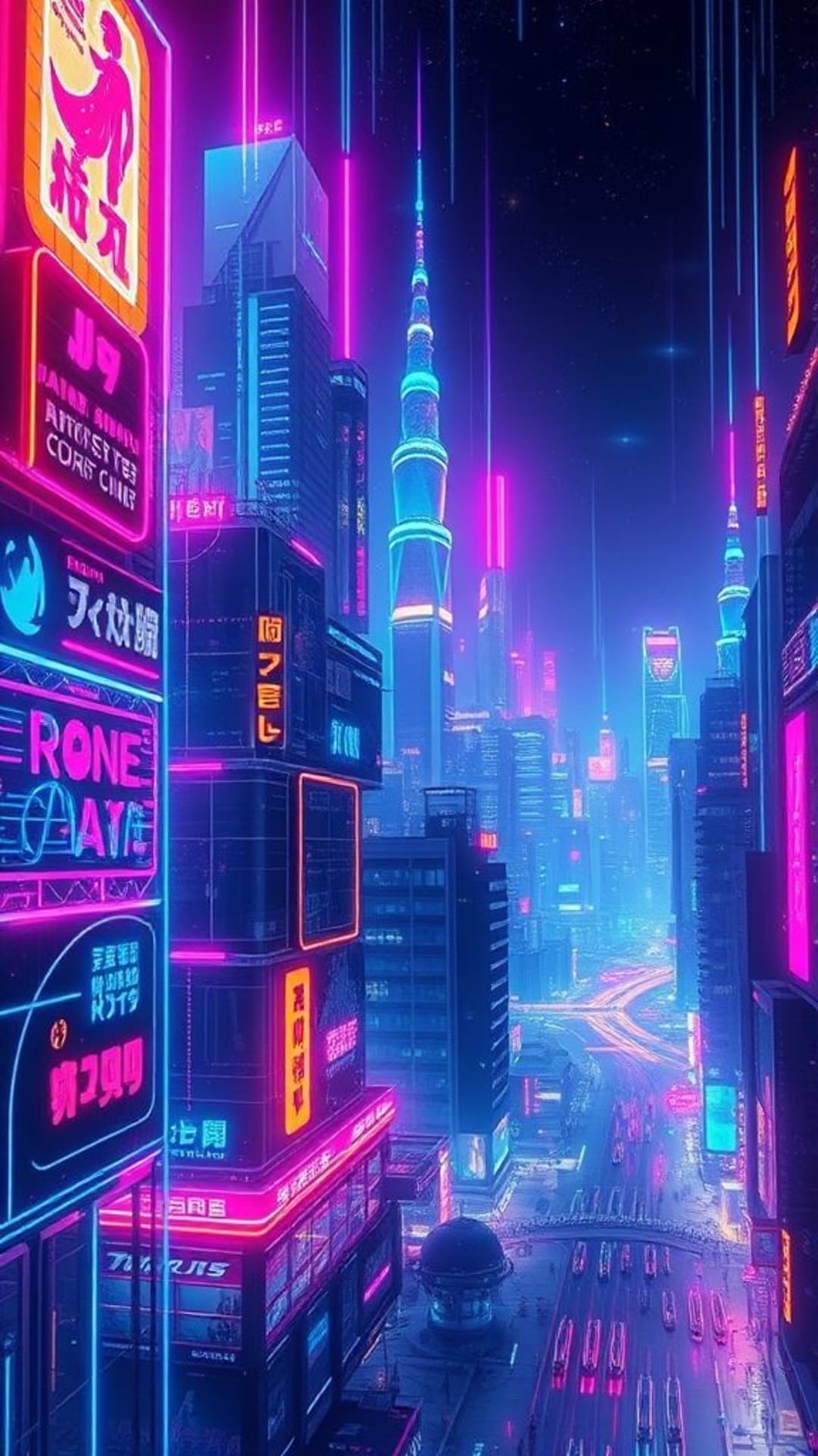 paysage urbain néon abstrait futuriste lumières brillantes couleurs vives
