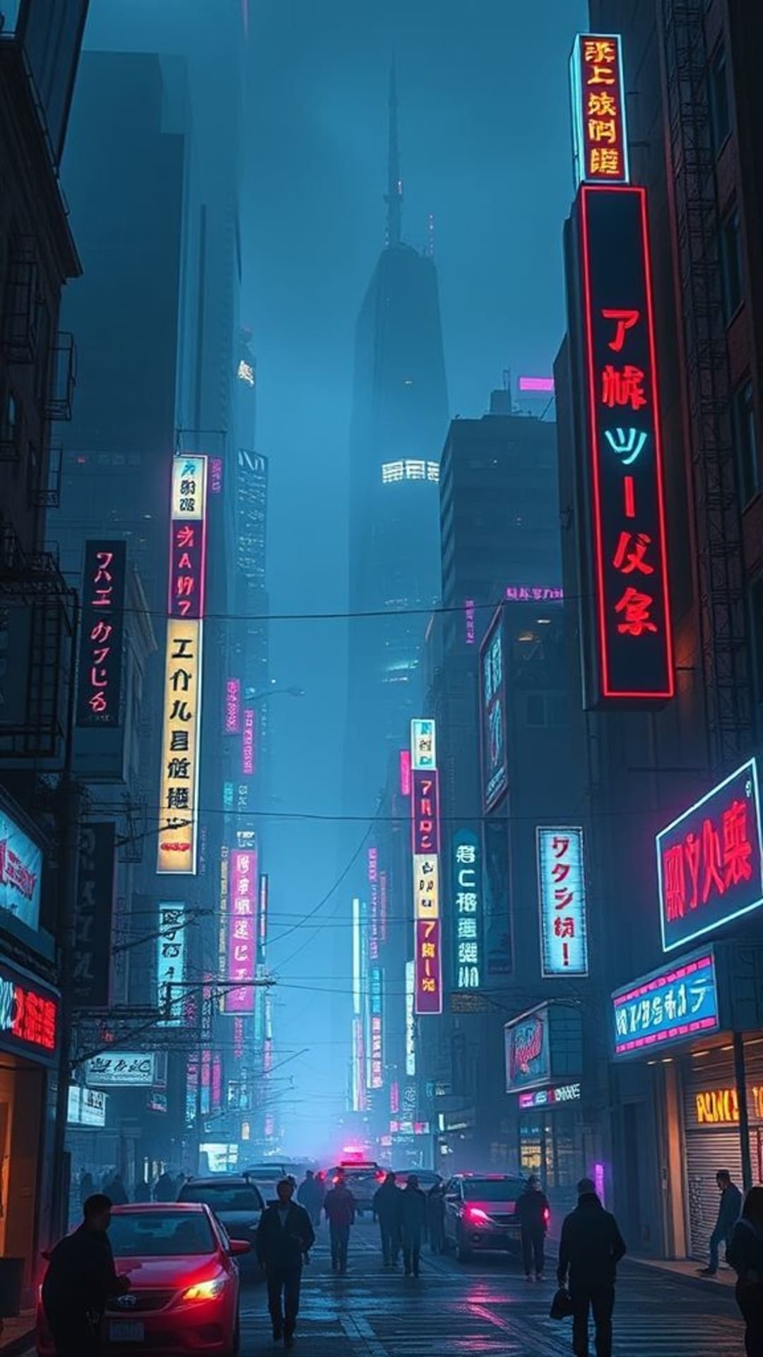 ville dystopique cyberpunk enseignes néons technologie futuriste