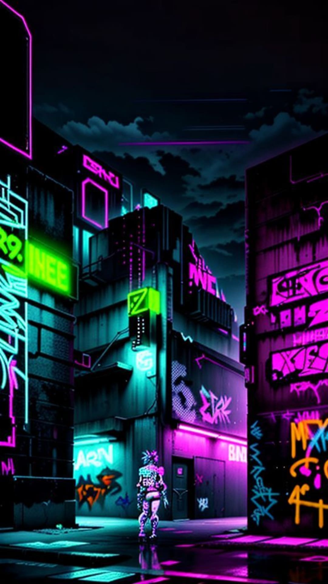 graffiti urbain art de rue tags colorés couches multiples design audacieux style audacieux fonds sombres futuristes cyberpunk lumières néon