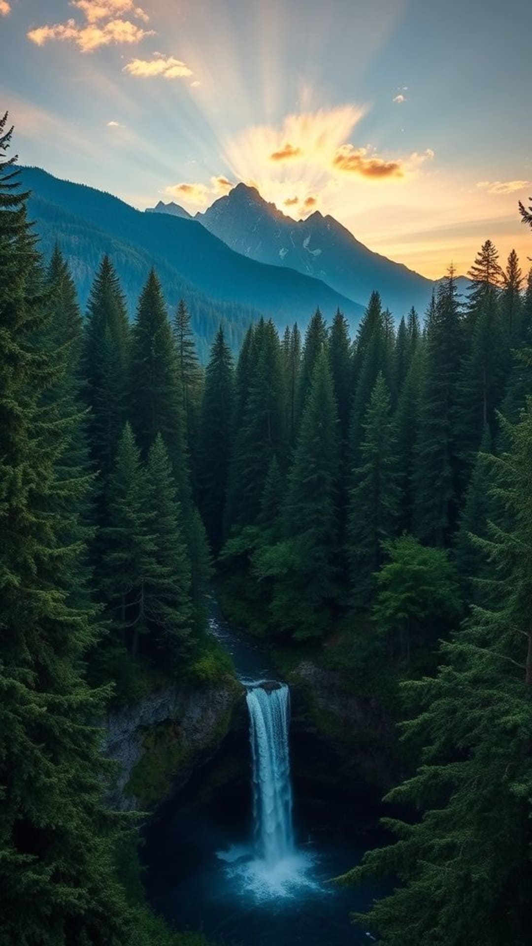 paysage forestier avec cascade serein au lever du soleil montagnes luxuriantes verdure extérieure scène paisible apaisante fond ecran