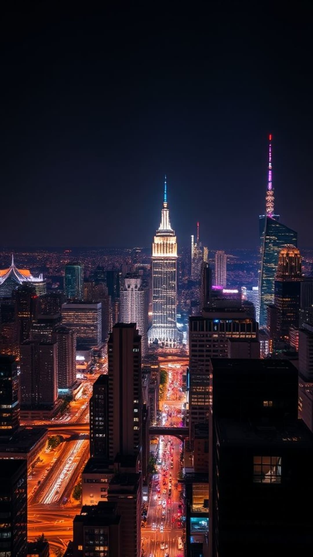 paesaggio urbano notturno grattacieli luci della città vibrante energica metropolitana vita notturna urbana