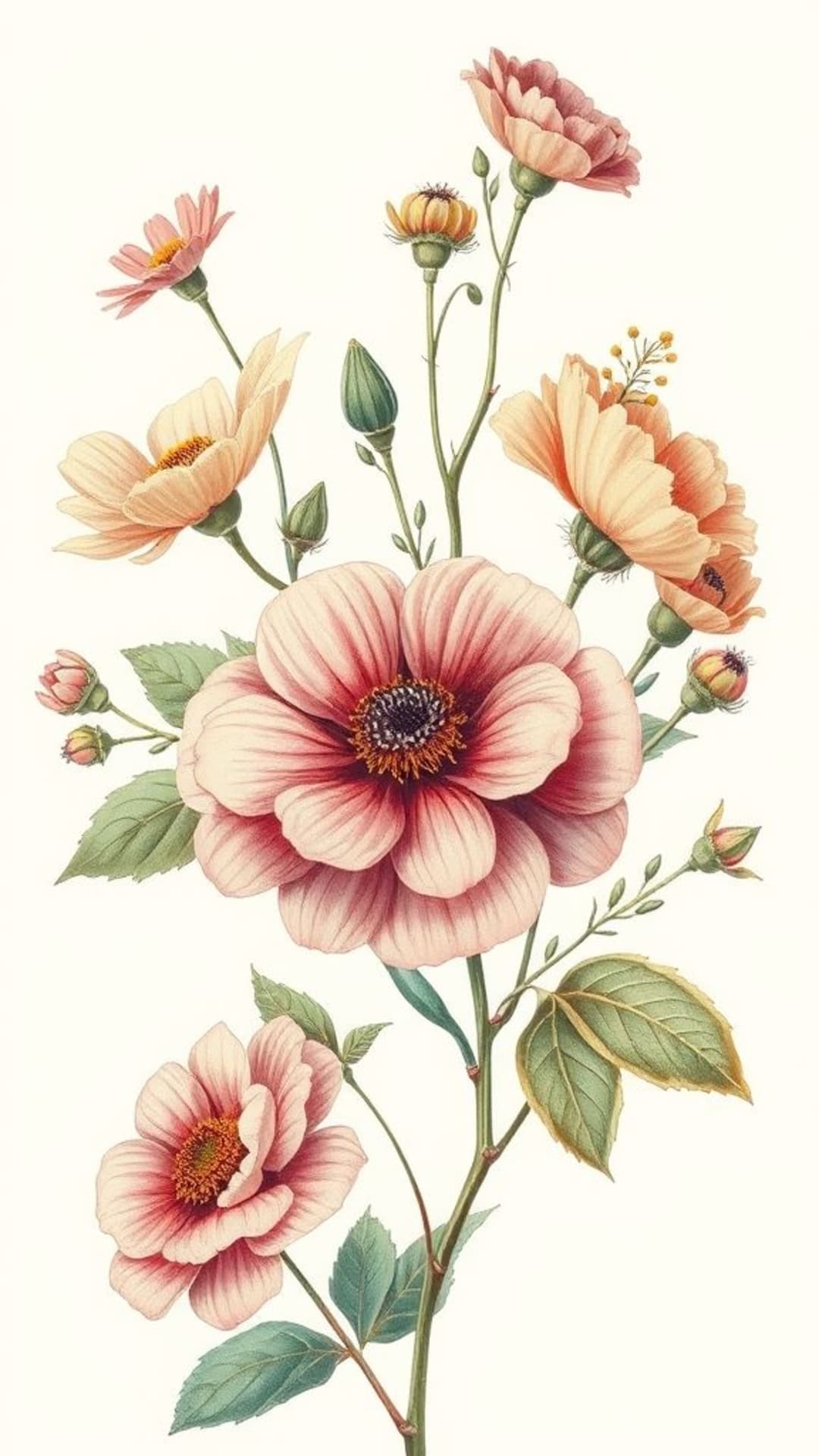 fleurs illustrations botaniques délicates pétales vibrants couleurs douces fonds floraux motifs vintage style