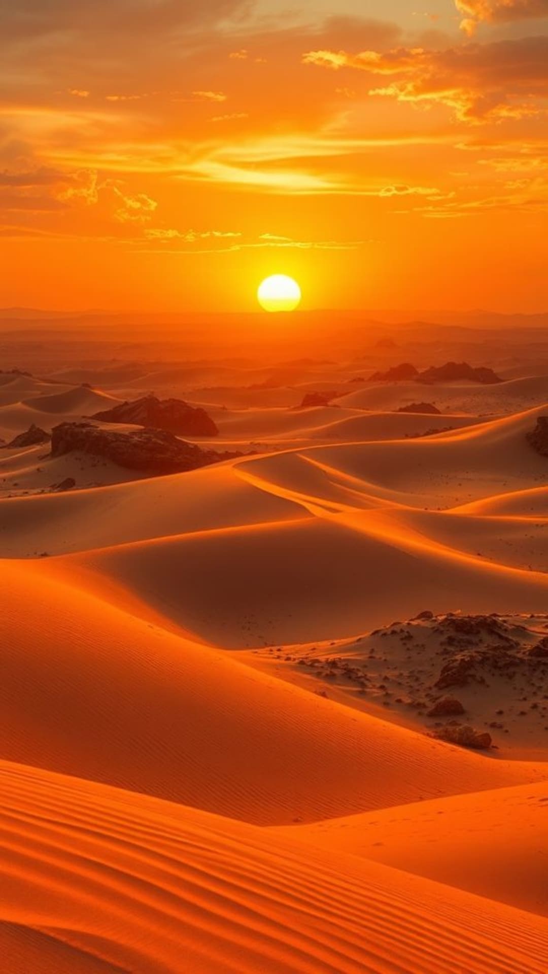 Dunes désertiques coucher de soleil paysages dorés terrains accidentés environnements arides éclairage surréaliste tons chauds