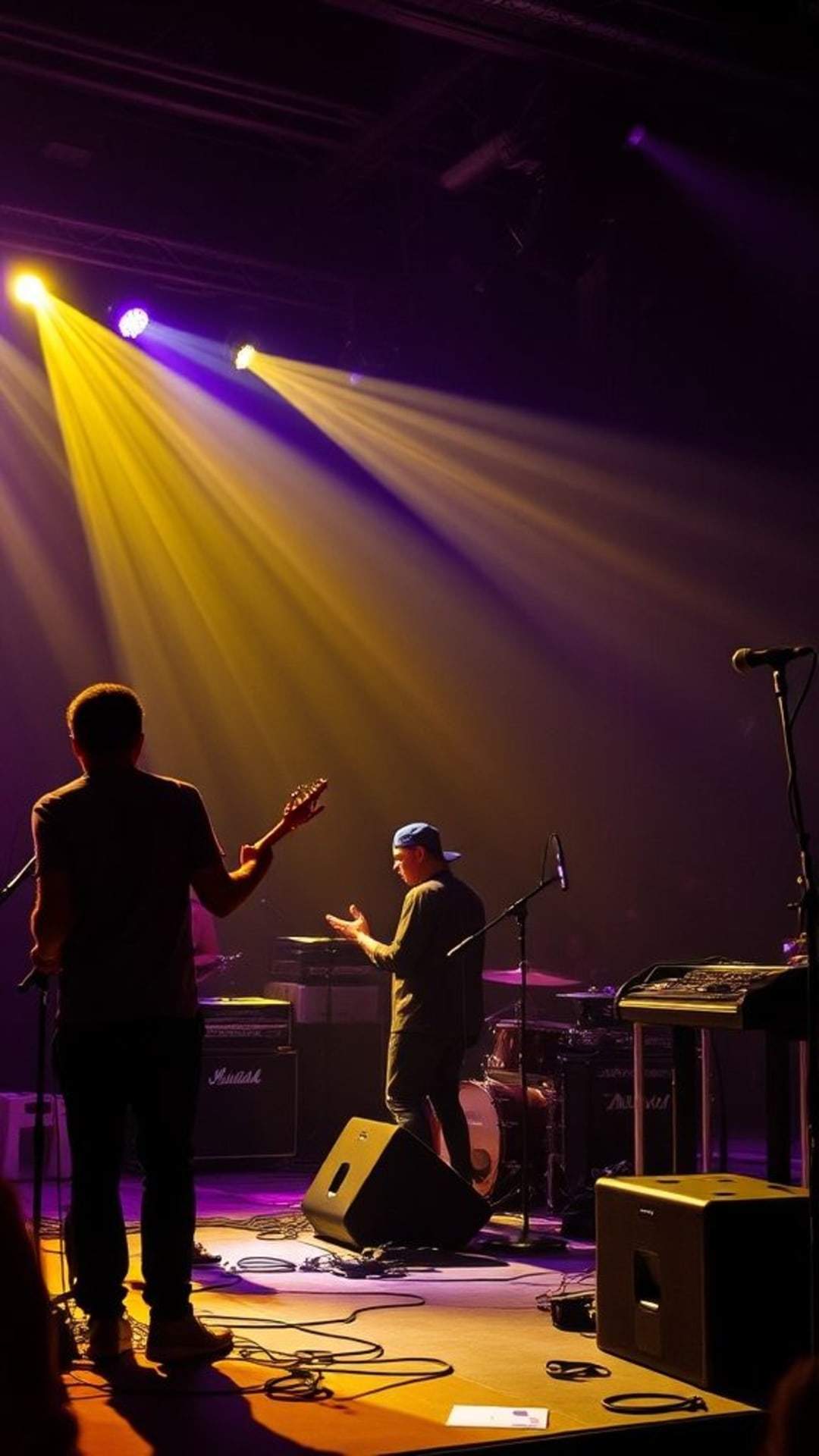 Ambiances musicales, instruments, notes de musique, scènes vibrantes de concerts, performances live énergiques, visuels audacieux