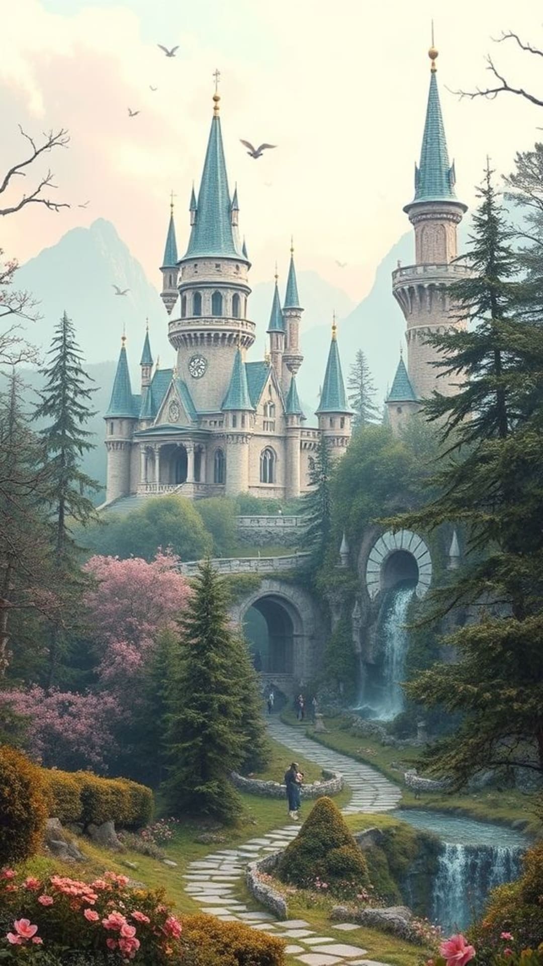 scènes de conte de fées châteaux enchantés créatures magiques forêts fantaisistes esthétique pastel onirique