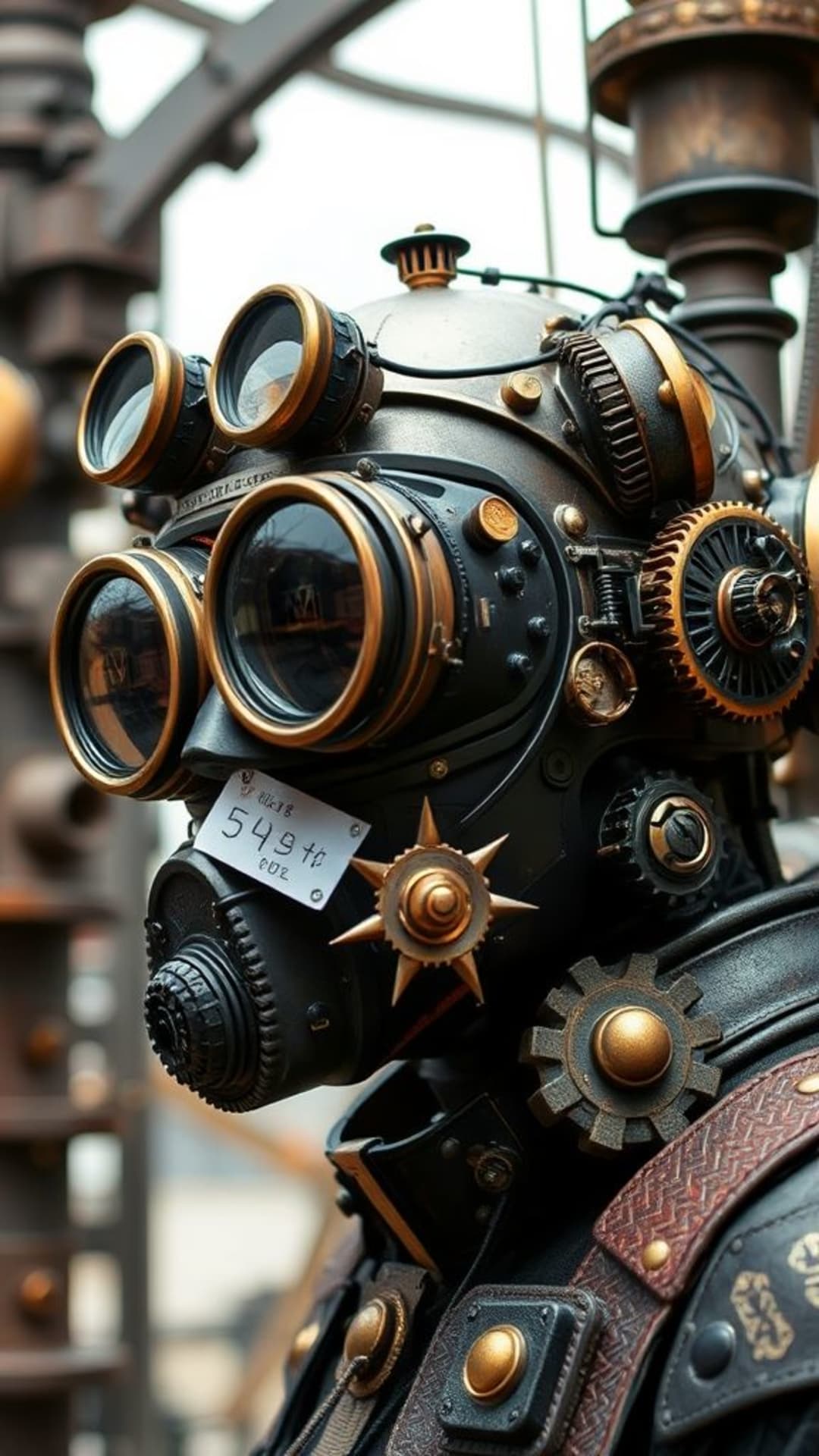 mashup vintage futuriste à la fois aventureux, avec des engrenages, des lunettes, des mécanismes et des appareils mécaniques dans un style steampunk victorien industriel