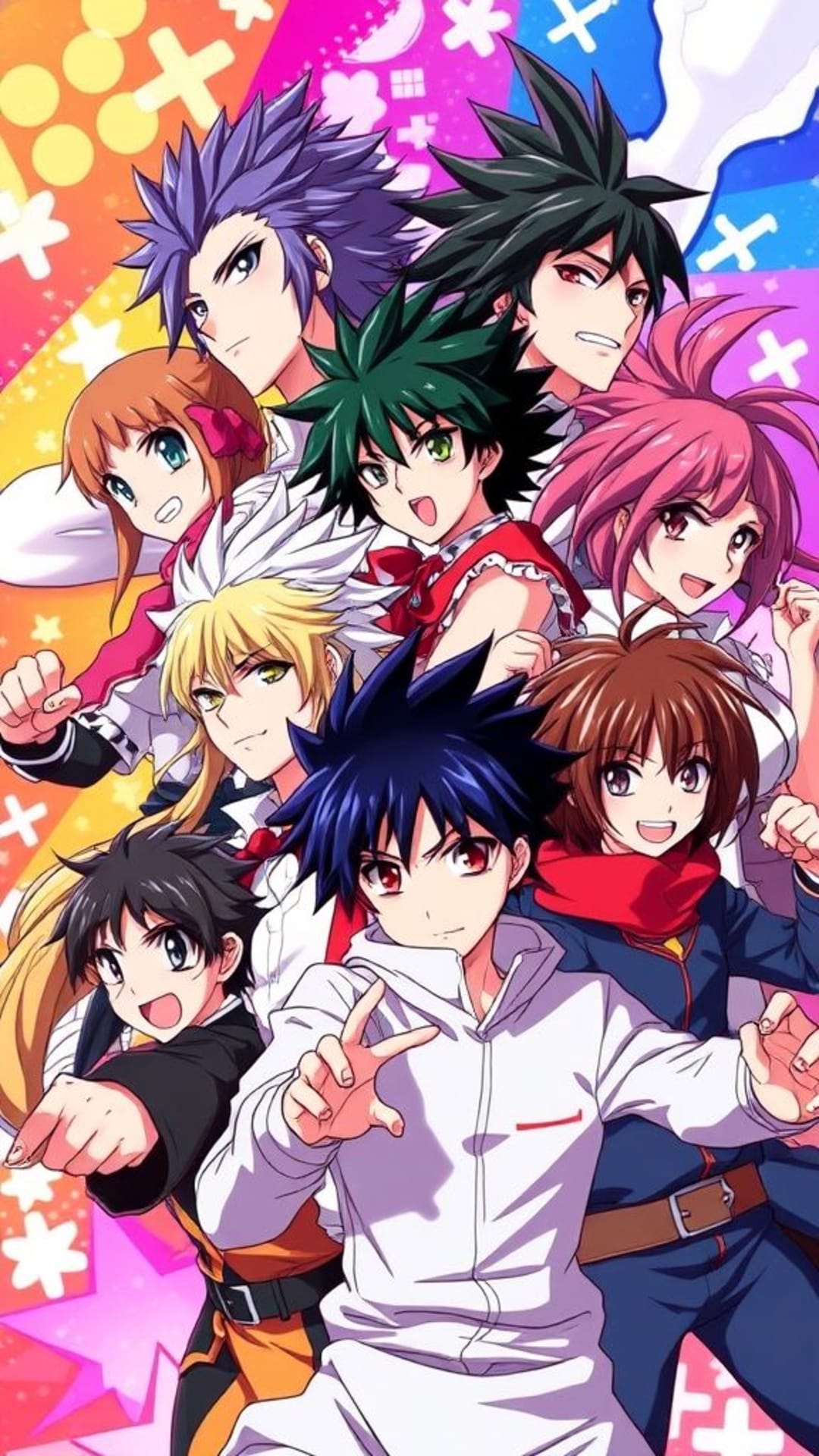 Personnages d'anime en style manga, personnalité vibrante, diversité, expressivité, arrière-plans colorés, séries populaires, fan art, portraits de personnages, scènes d'action dynamiques