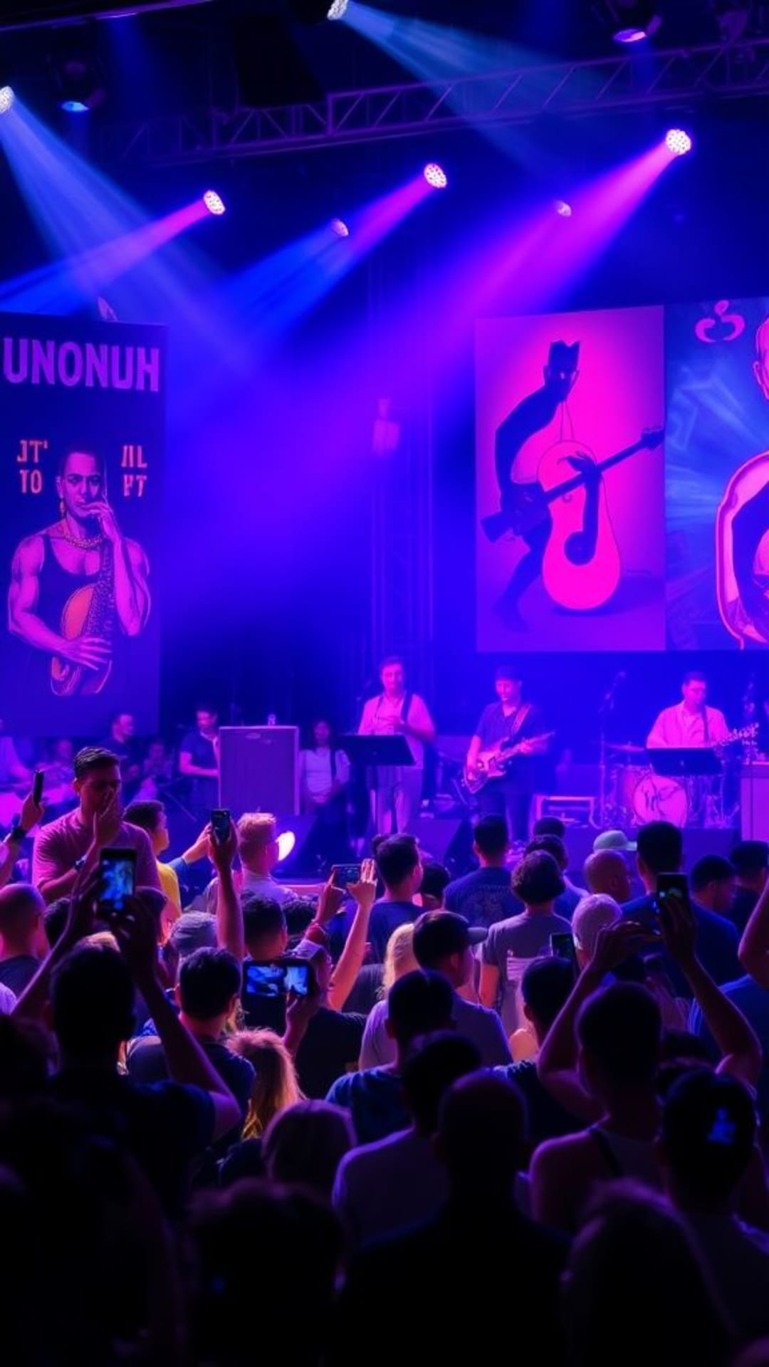 Culture musicale, pochettes d'album, instruments de musique, concerts, photographie, festivals, scènes vibrantes, foule énergique, ambiances dynamiques, styles spécifiques (rock, jazz, électronique, classique)