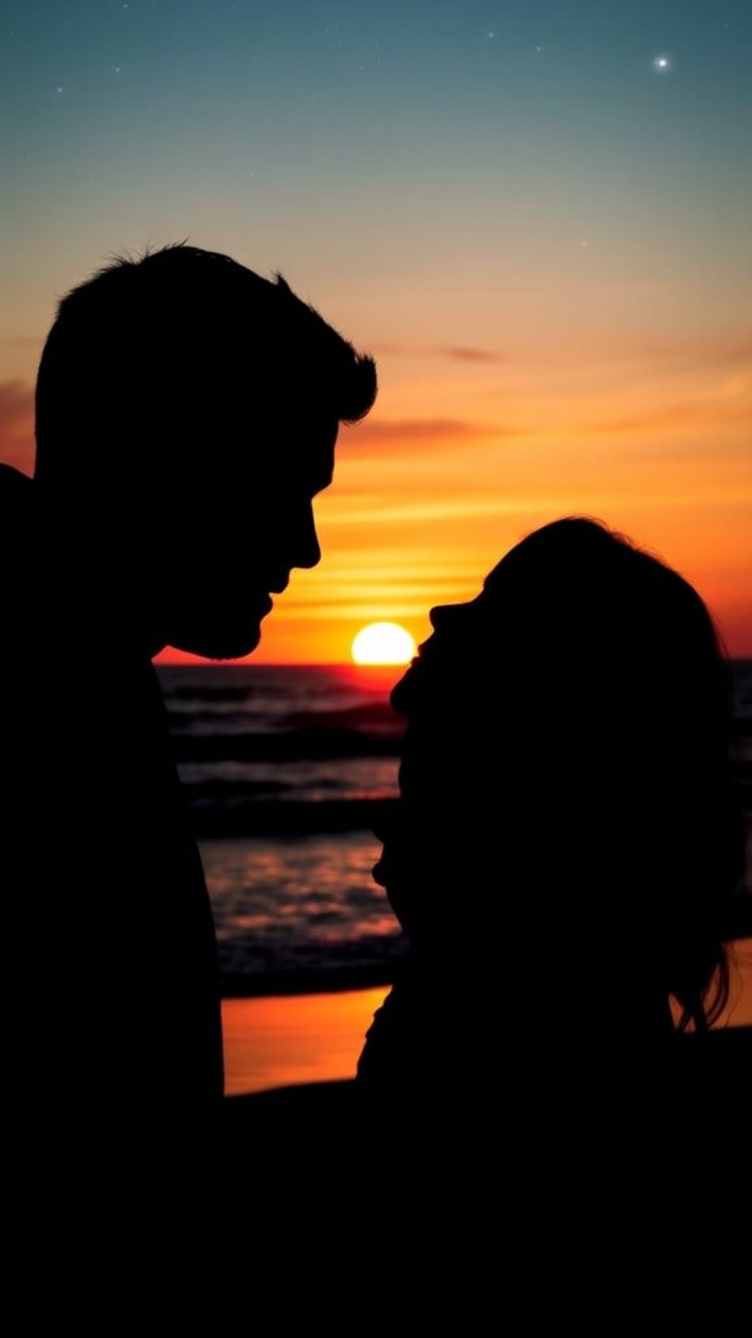 scènes d'amour au coucher du soleil romantique silhouettes de couples qui s'embrassent nuit étoilée plages paisibles océan horizons vagues douces moments tendres