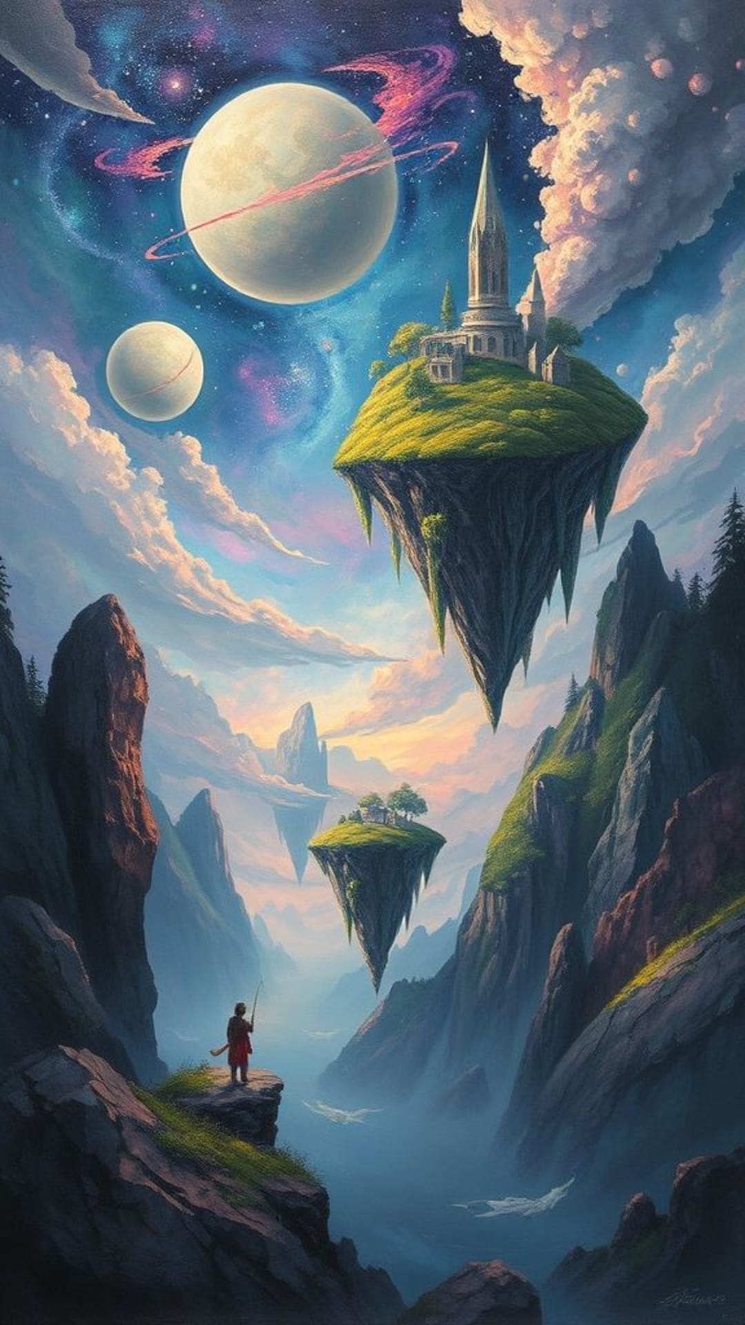 art fantastique paysages surréalistes îles flottantes corps célestes décor de rêve mondes imaginatifs coups de pinceau vibrants atmosphère mystique