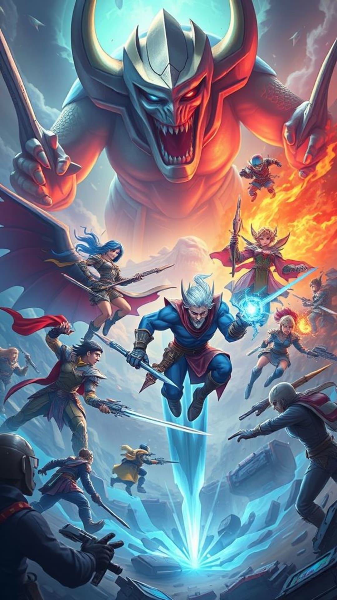 thèmes de jeux vidéo populaires, batailles épiques, mondes fantastiques, arènes de science-fiction, œuvres d'art de personnages, scènes animées, couleurs vives, action intense