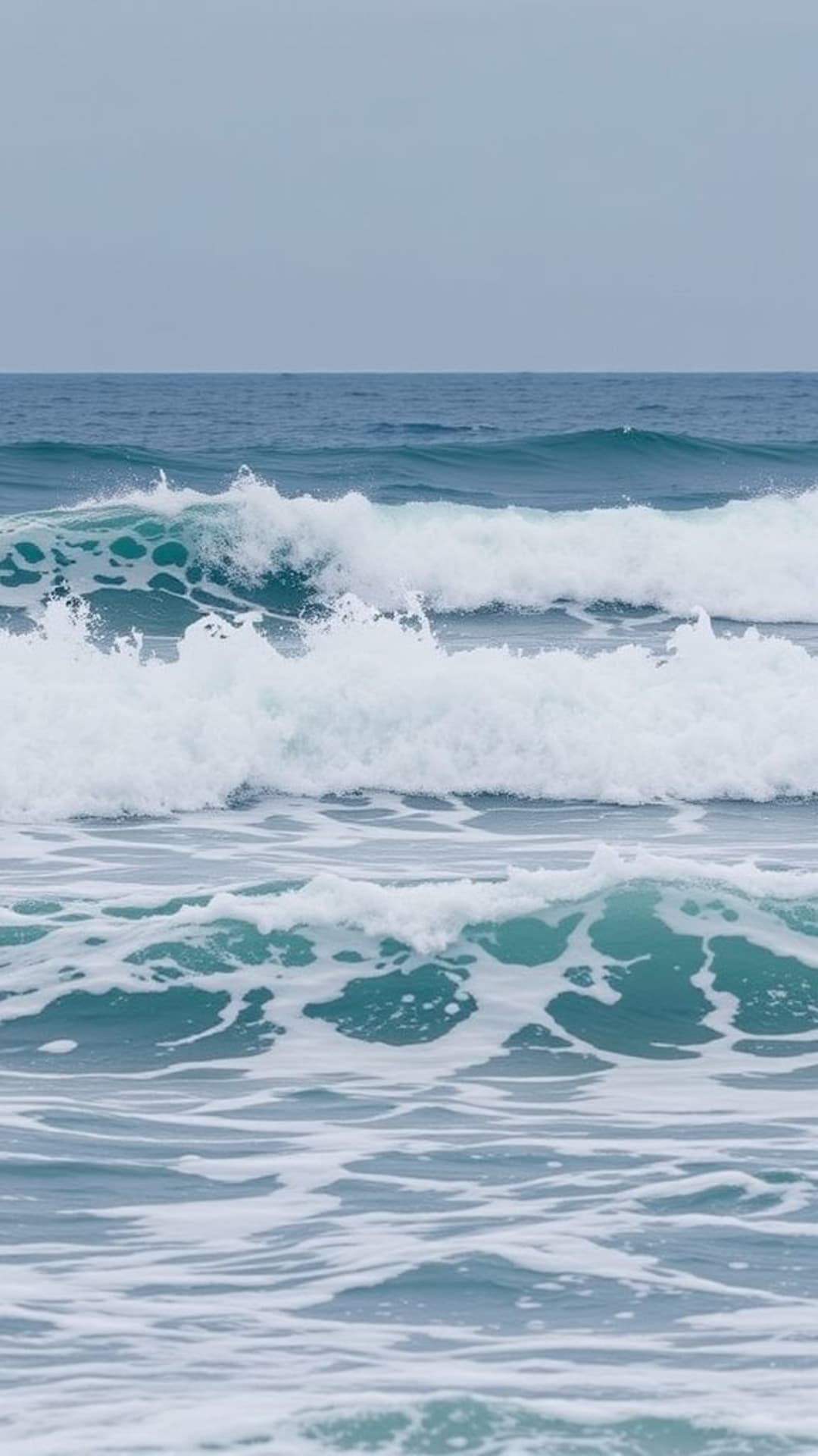 Onde dell'oceano che si infrangono, surf, movimento d'acqua dinamico, vibrazioni energetiche sulla spiaggia