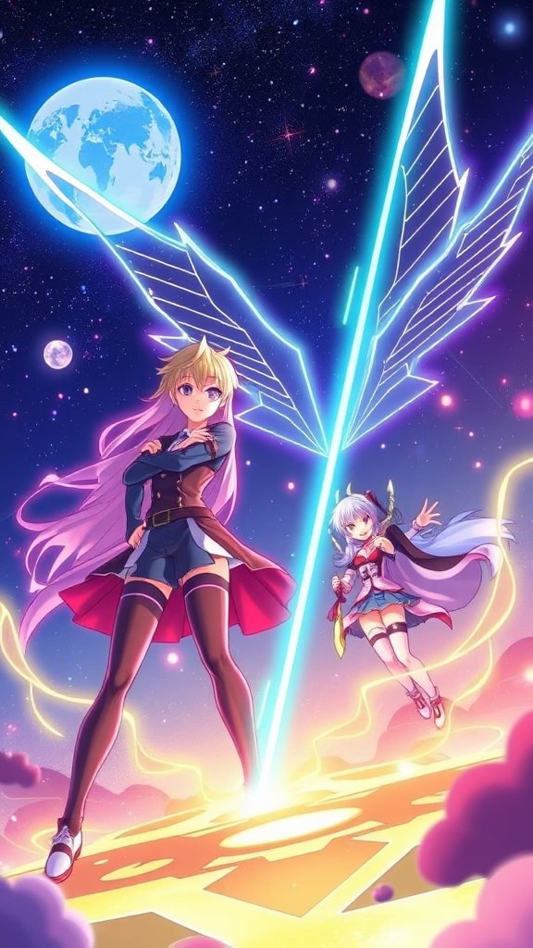 Fond d'écran de personnages d'anime héros de manga populaires à la lumière néon art vibrant animation