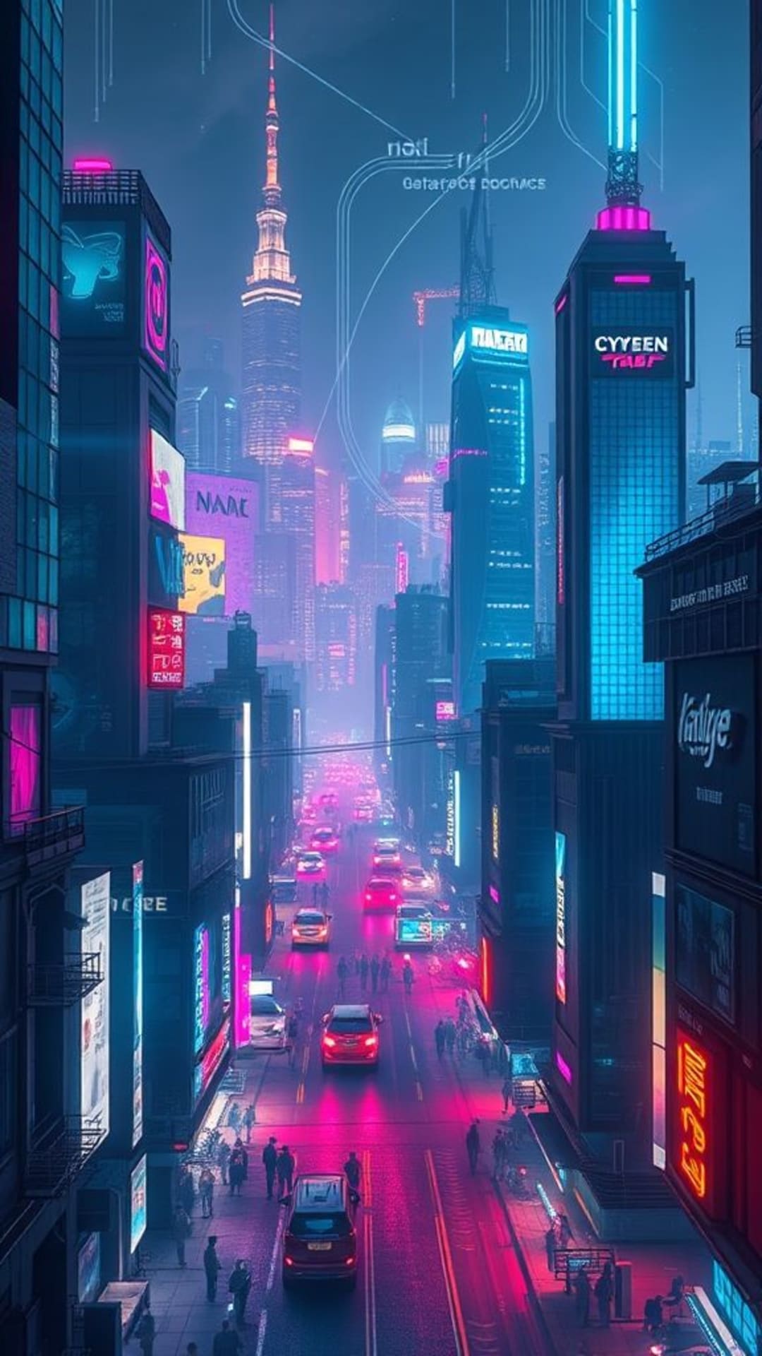 scape urbaine cyberpunk aux lumières néon futuristes nuit art numérique sci-fi