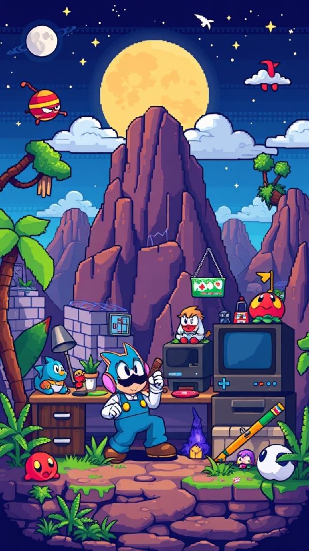 Personnages de jeux vidéo en pixel art nostalgiques, graphismes rétro colorés