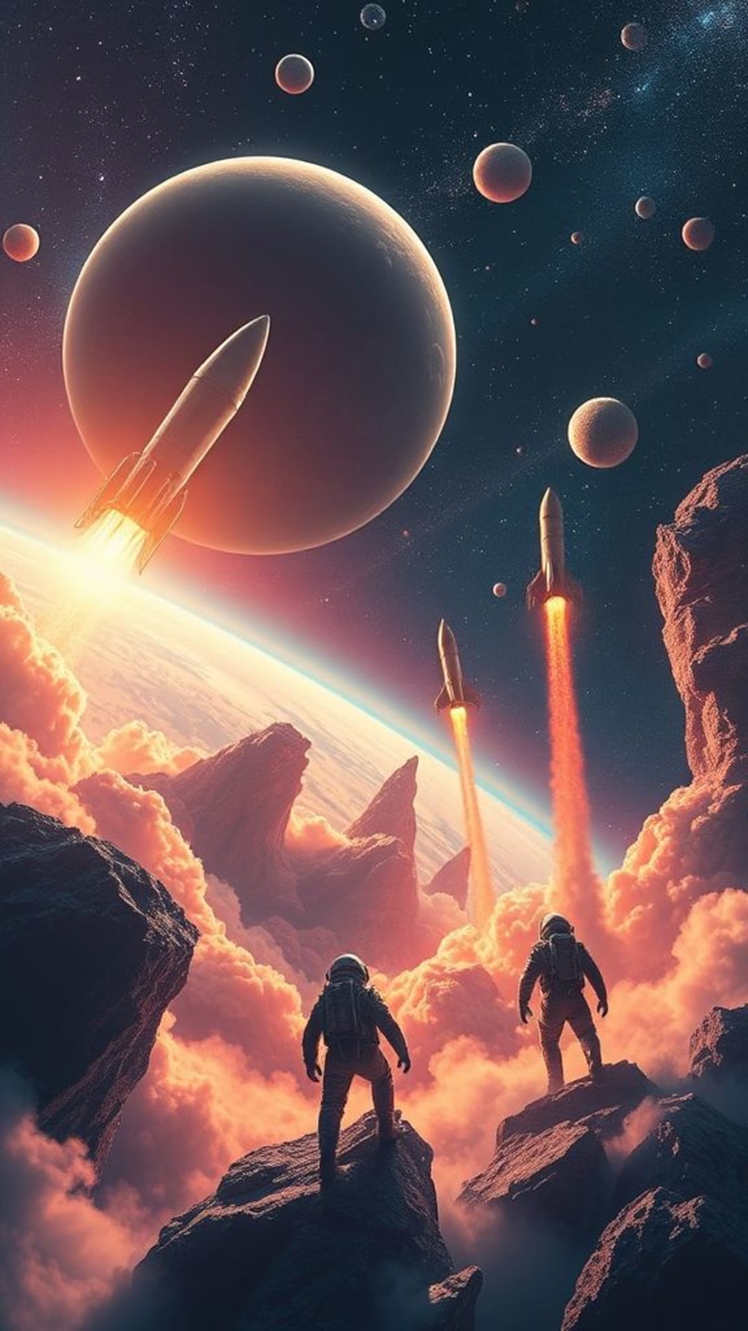 Exploration spatiale fusées astronautes planètes futuristes aventure de science-fiction