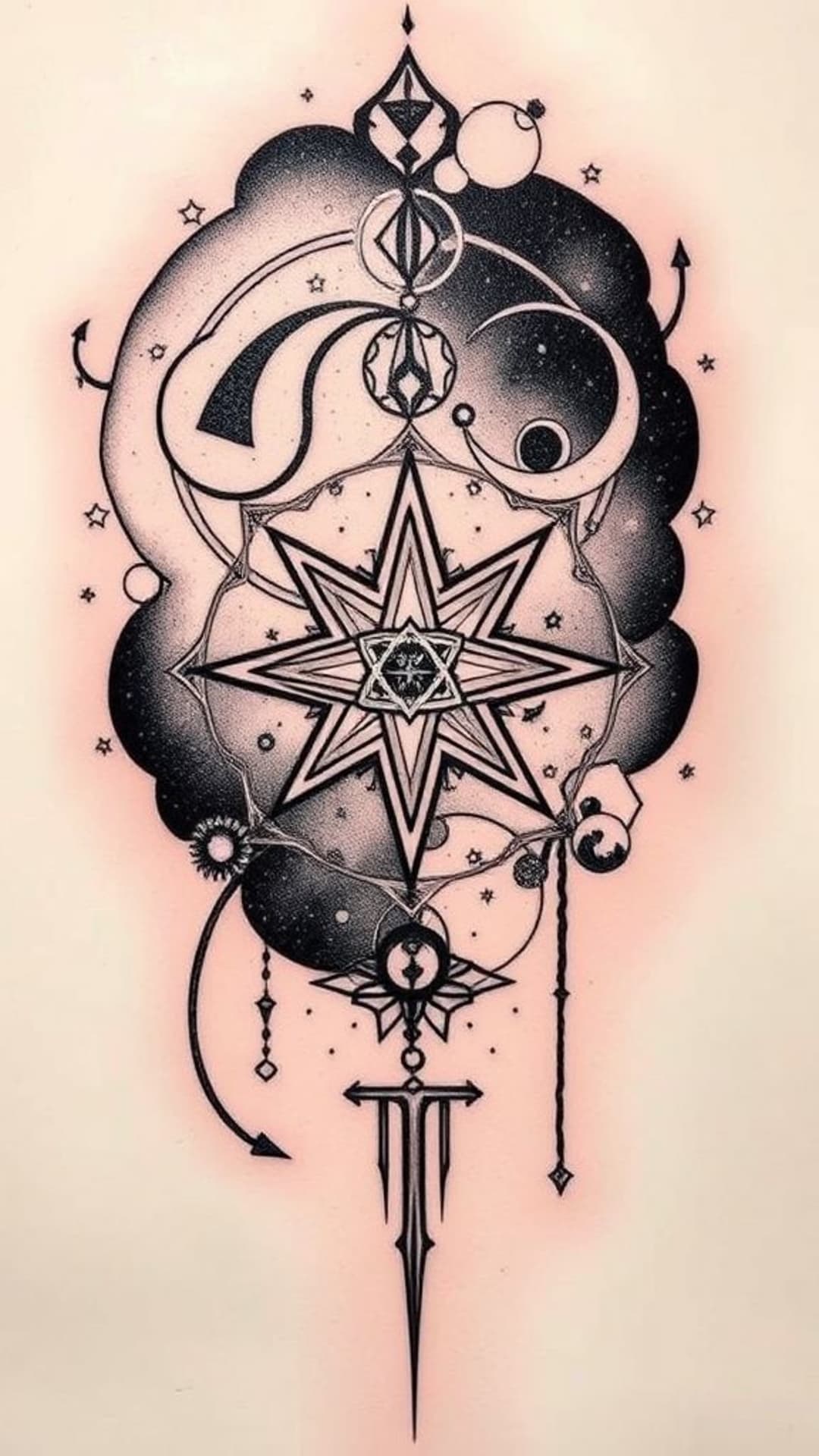 arte del tatuaggio galattico linee audaci simboli cosmici spirituali mistici simbolismo