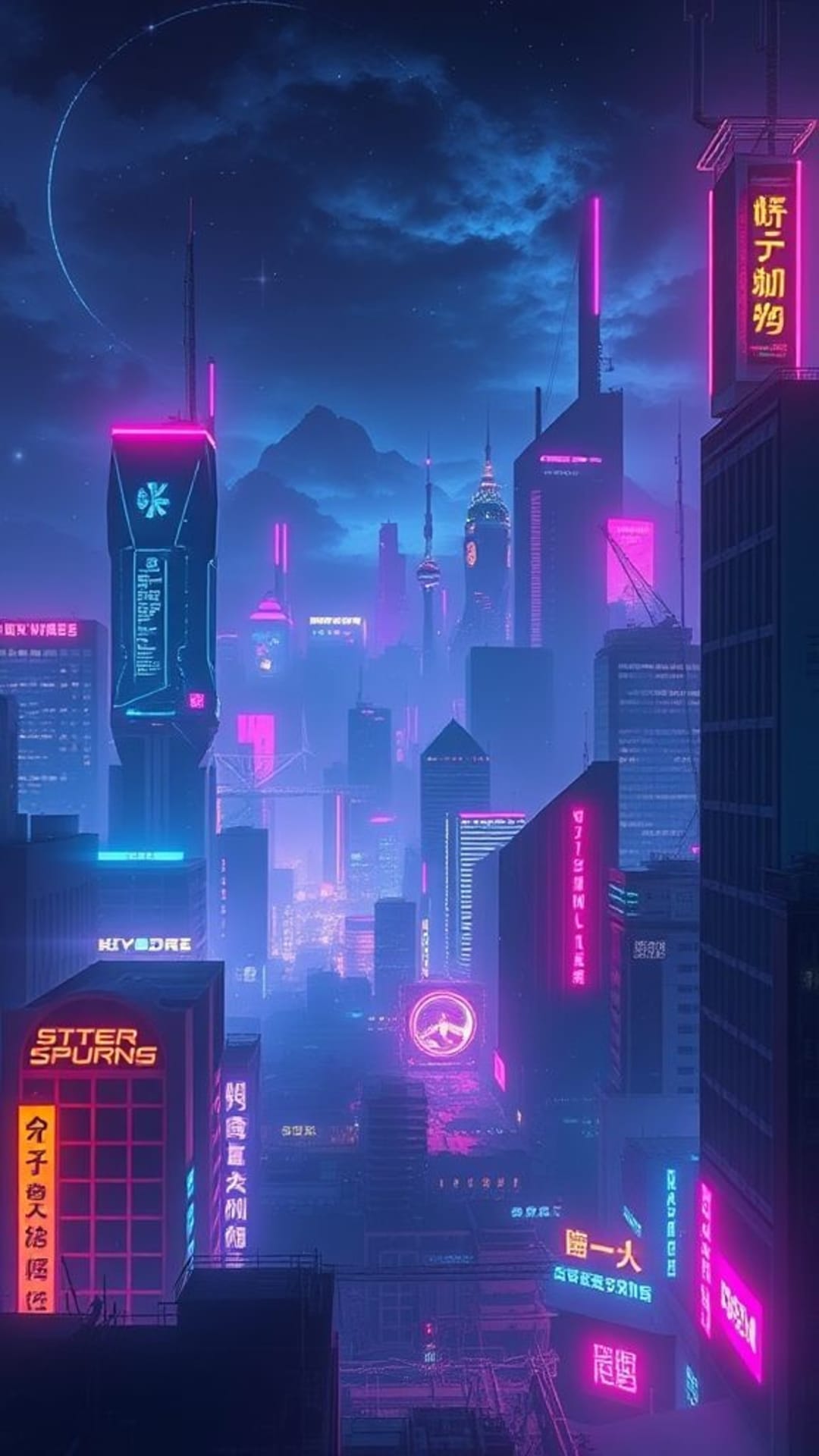 paesaggio urbano futuristico luci al neon estetica cyberpunk sfondo dark mode