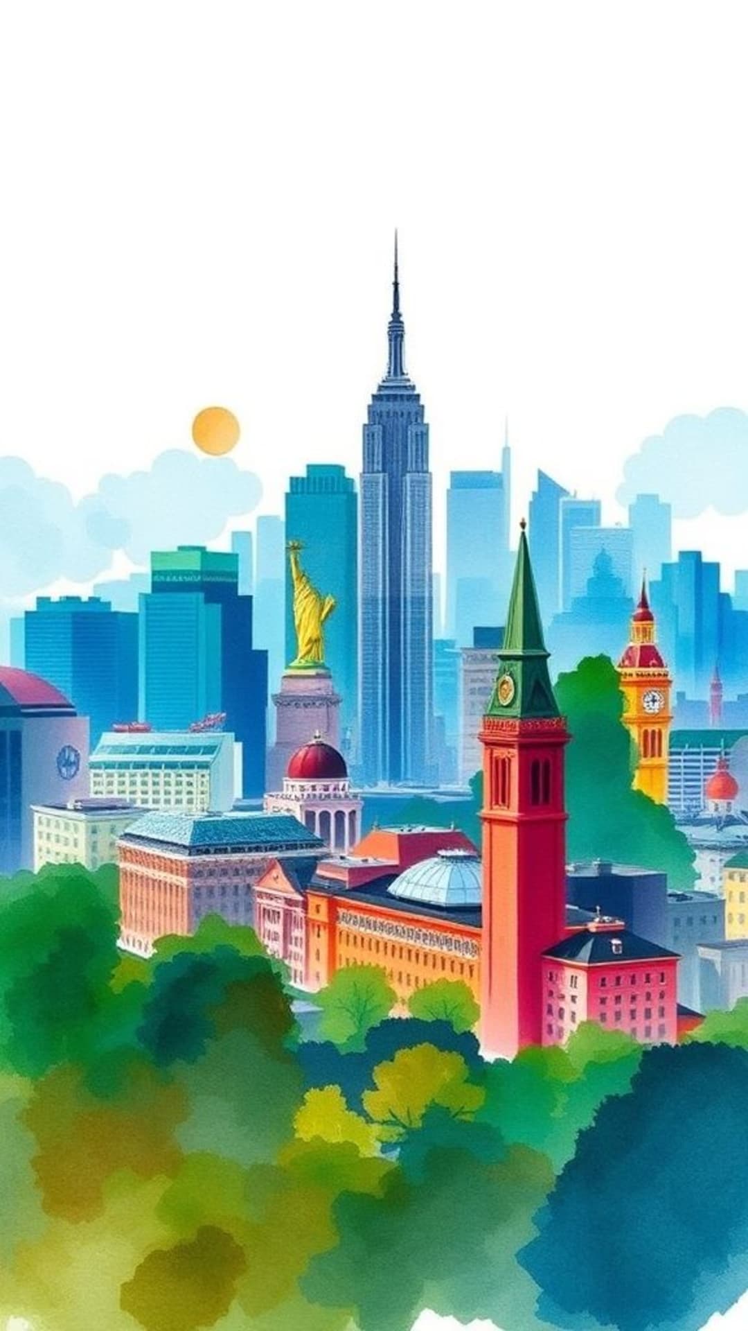paesaggio urbano acquerello monumenti skyline vibranti sfondo wallpaper