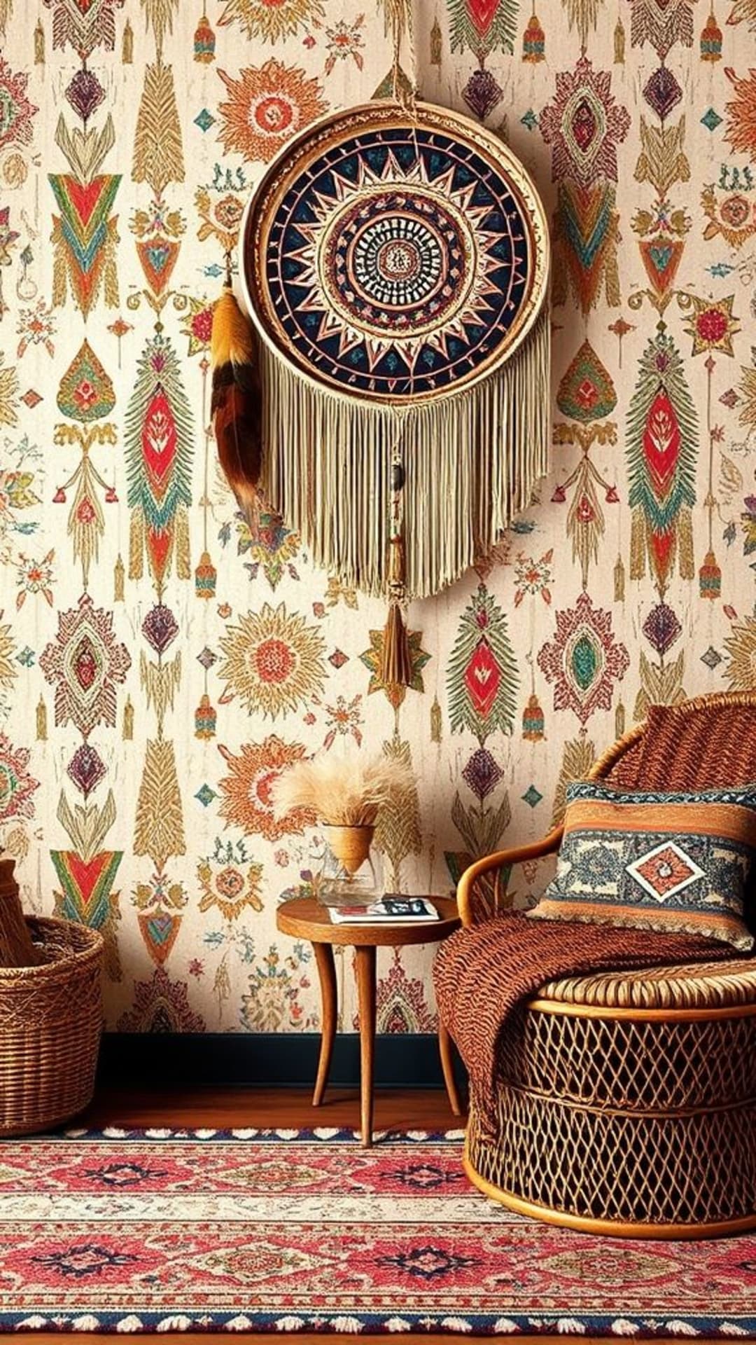 motivi boho chic piume nappine tonalità terragne carta da parati