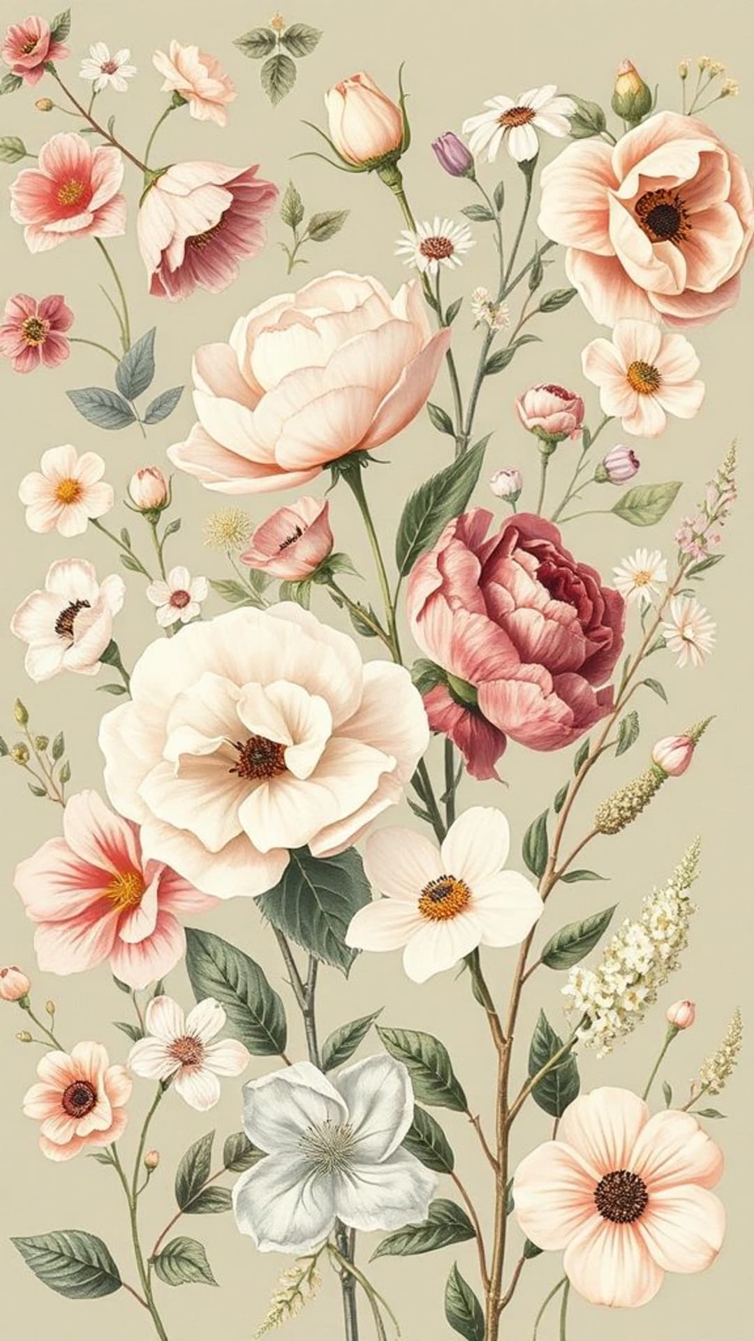 Illustrazioni botaniche vintage floreali composizioni di fiori in pastel morbidi carta da parati ispirata alla natura