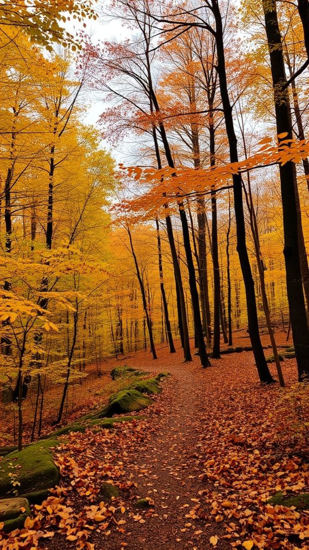paesaggio forestale autunnale foglie cadono natura scena tranquilla boschi sentiero escursionistico