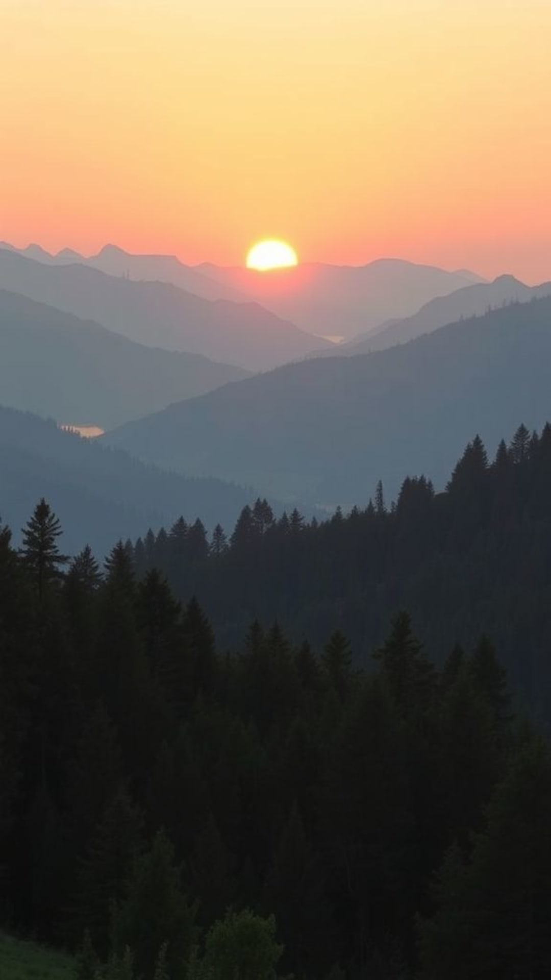 paesaggio naturale sereno montagne alba tramonto pacifico foresta scena rilassante tonalità verdi