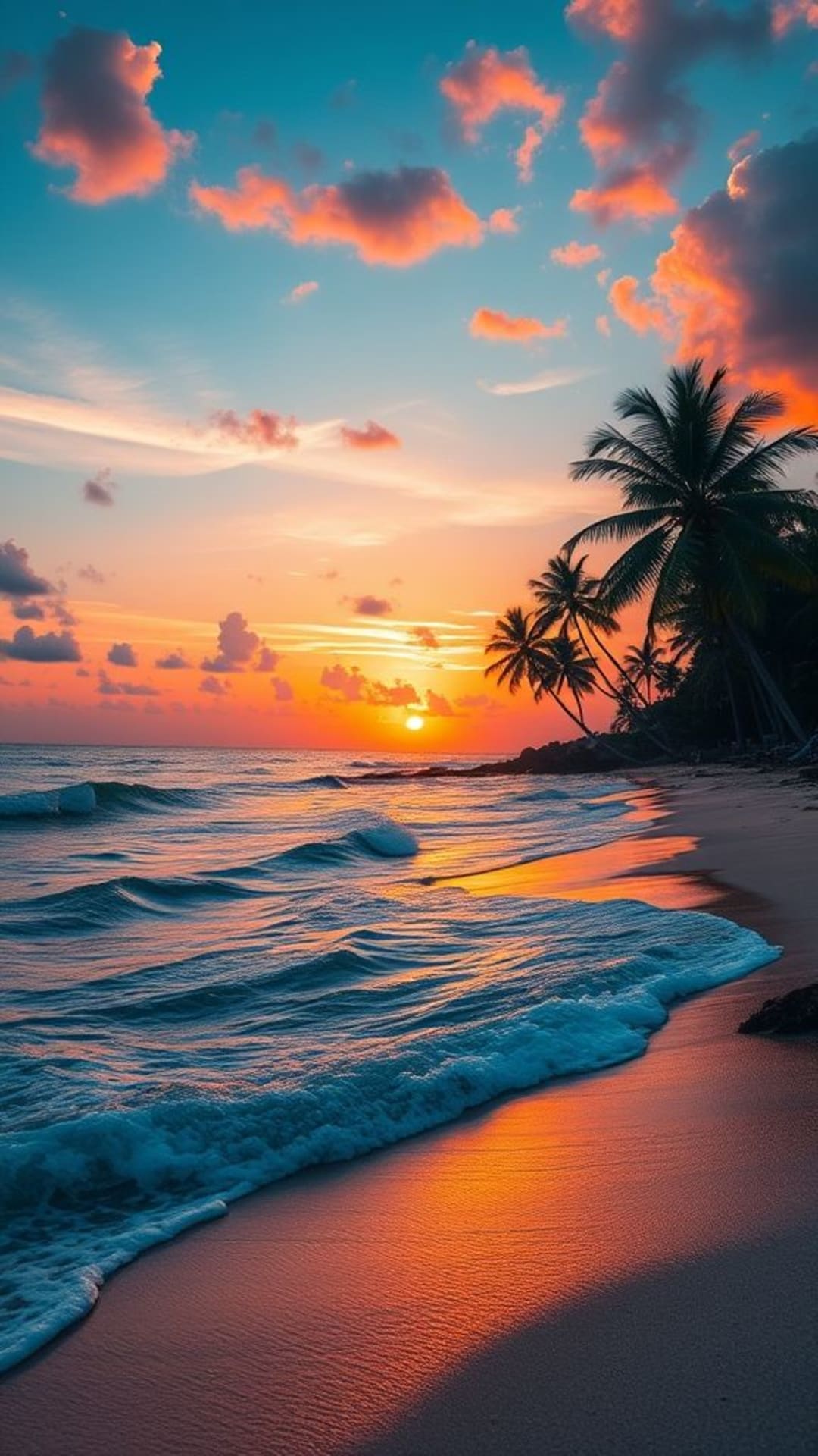 Spiaggia al tramonto paesaggio rilassante colori vivaci onde dell'oceano paradiso tropicale tramonto orizzonte palme bagliore caldo