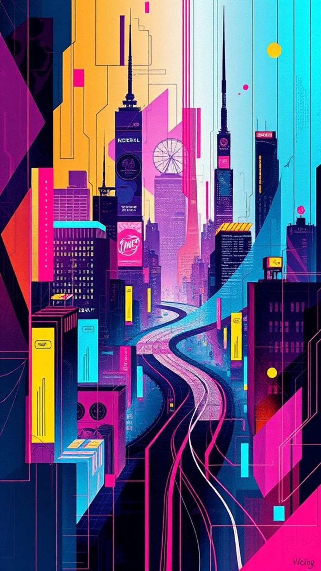 Forme geometriche astratte luci della città futuristica cyberpunk neon arte glitch pattern digitali tonalità vibranti