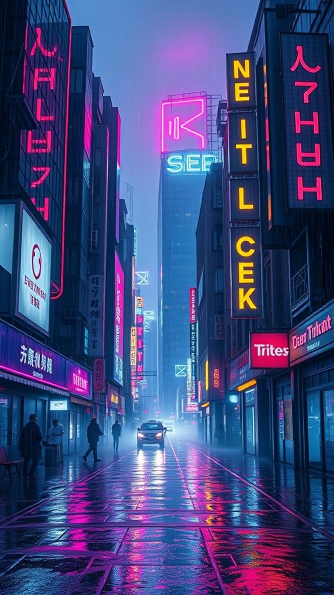Paesaggio urbano cyberpunk distopico con insegne al neon, strade bagnate dalla pioggia, atmosfera grintosa e futuristica.